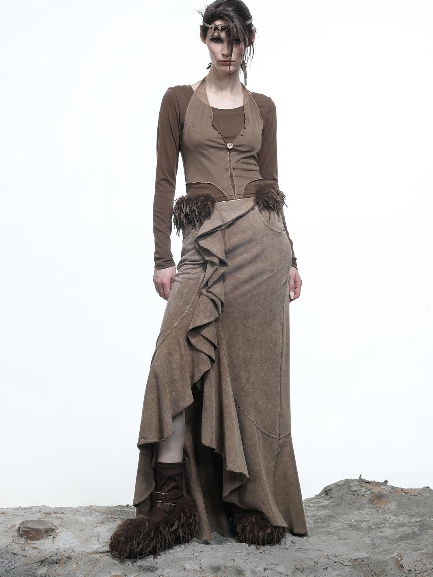 NN NORTH NODE Hooded Layered Mesh Detachable Fringe T-shirt
