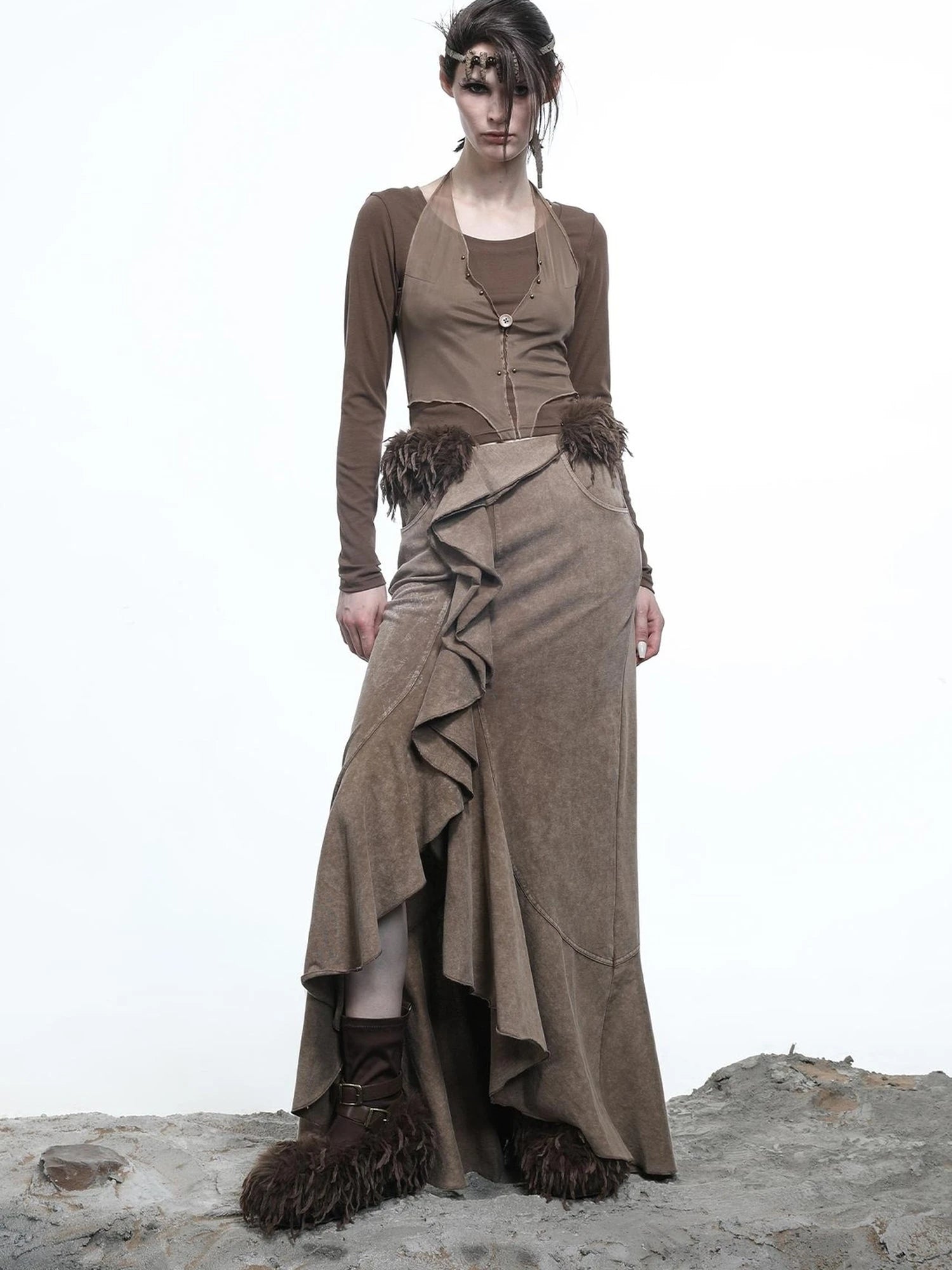 Hooded Layered Mesh Detachable Fringe T-shirt