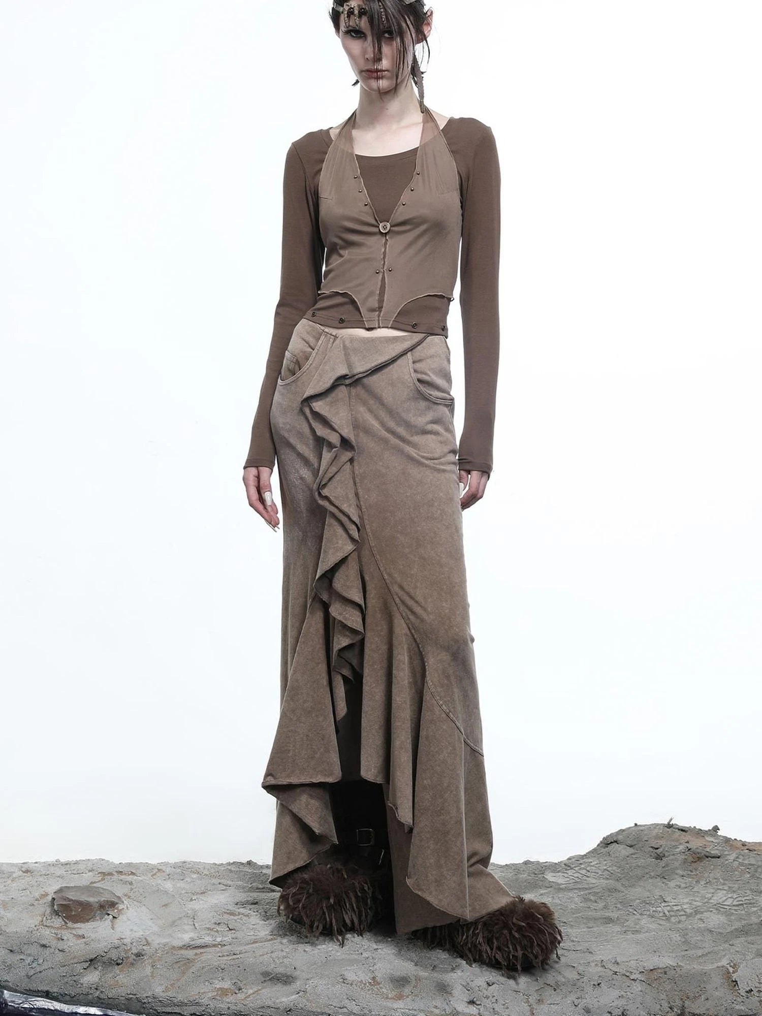 Hooded Layered Mesh Detachable Fringe T-shirt