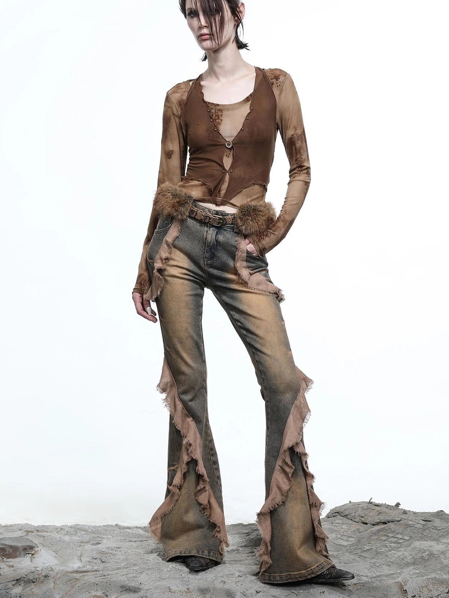 Hooded Layered Mesh Detachable Fringe T-shirt