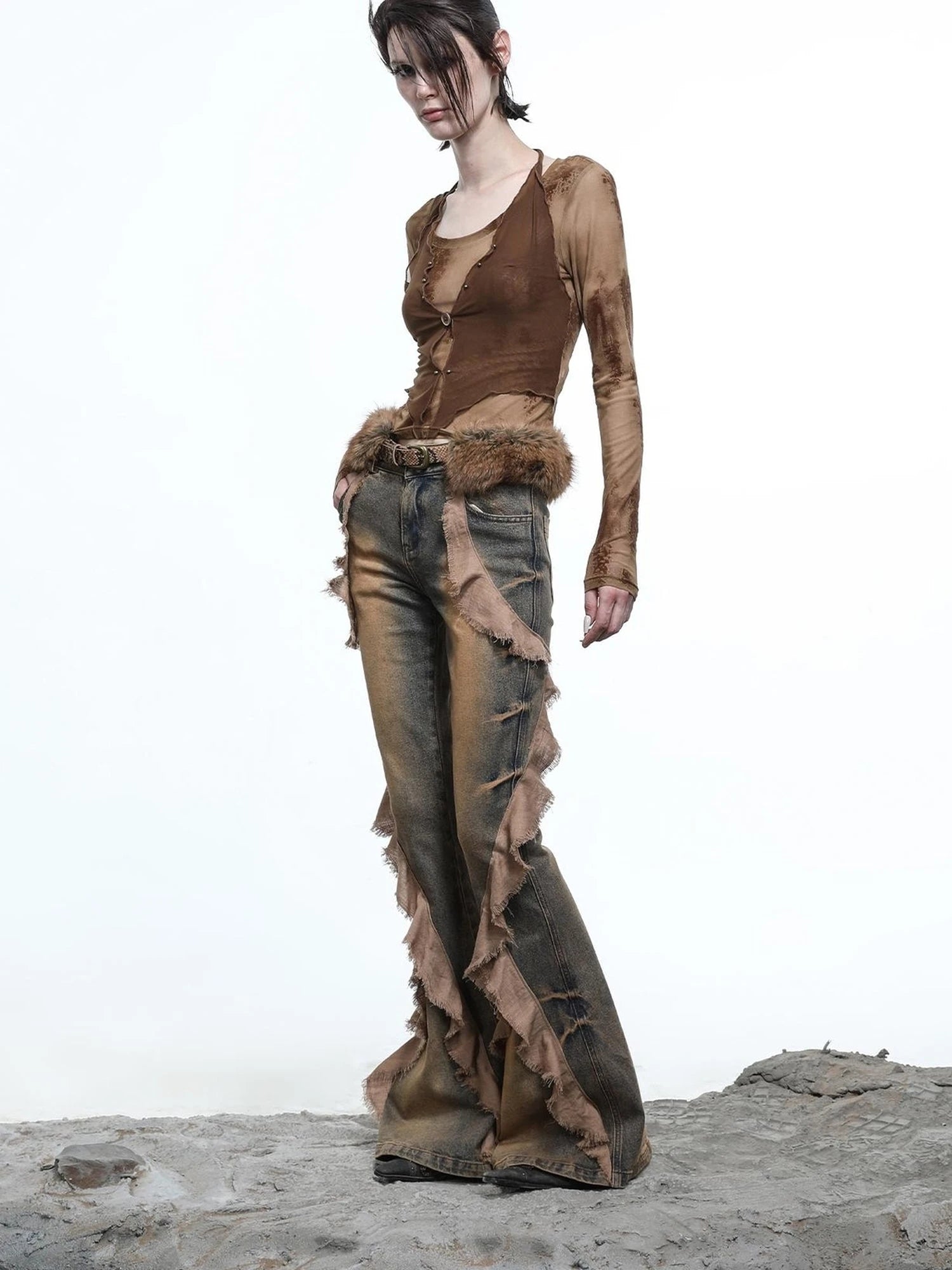 Hooded Layered Mesh Detachable Fringe T-shirt