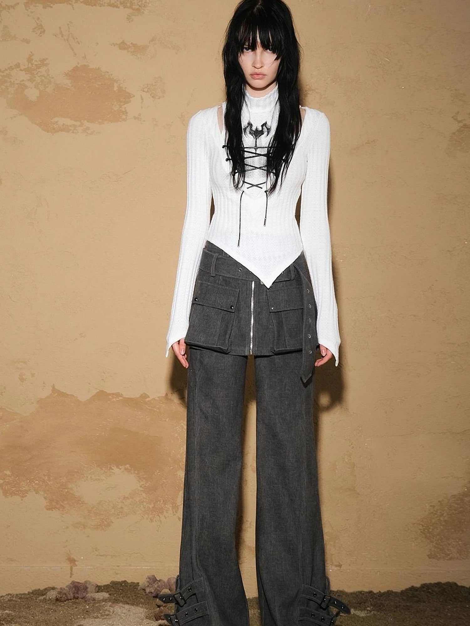 Irregular Knit Sweater 2024 Ss V-neck T-shirt Long Sleeve