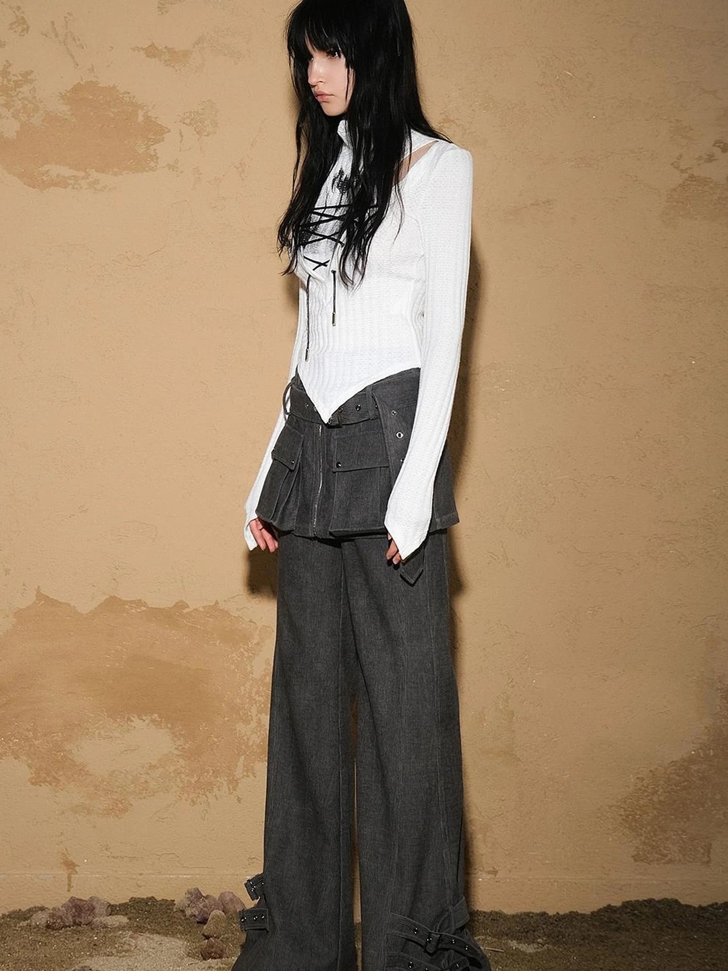 Irregular Knit Sweater 2024 Ss V-neck T-shirt Long Sleeve