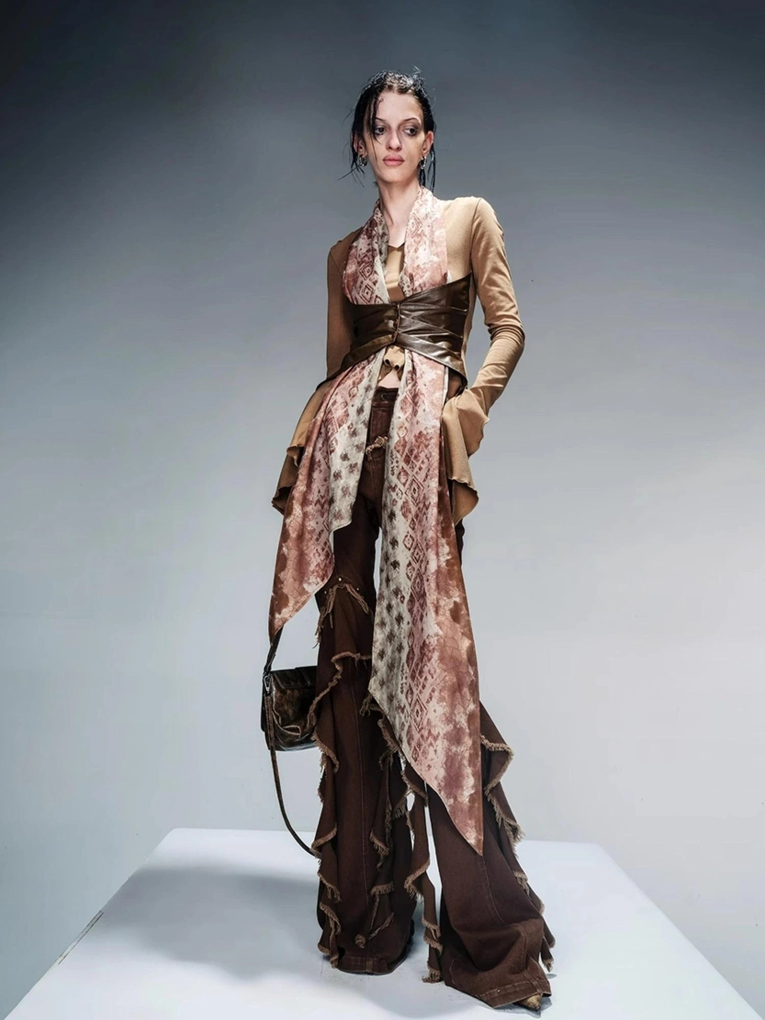 Knit Blouse With Detachable Printed Scarf And Leather Accents