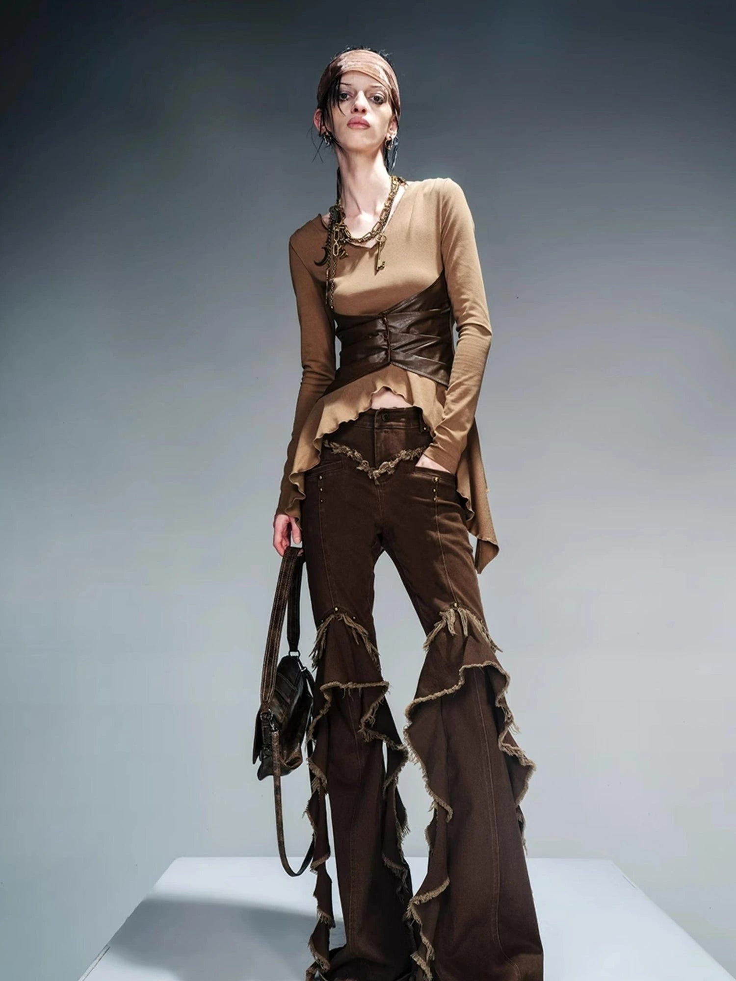 Knit Blouse With Detachable Printed Scarf And Leather Accents