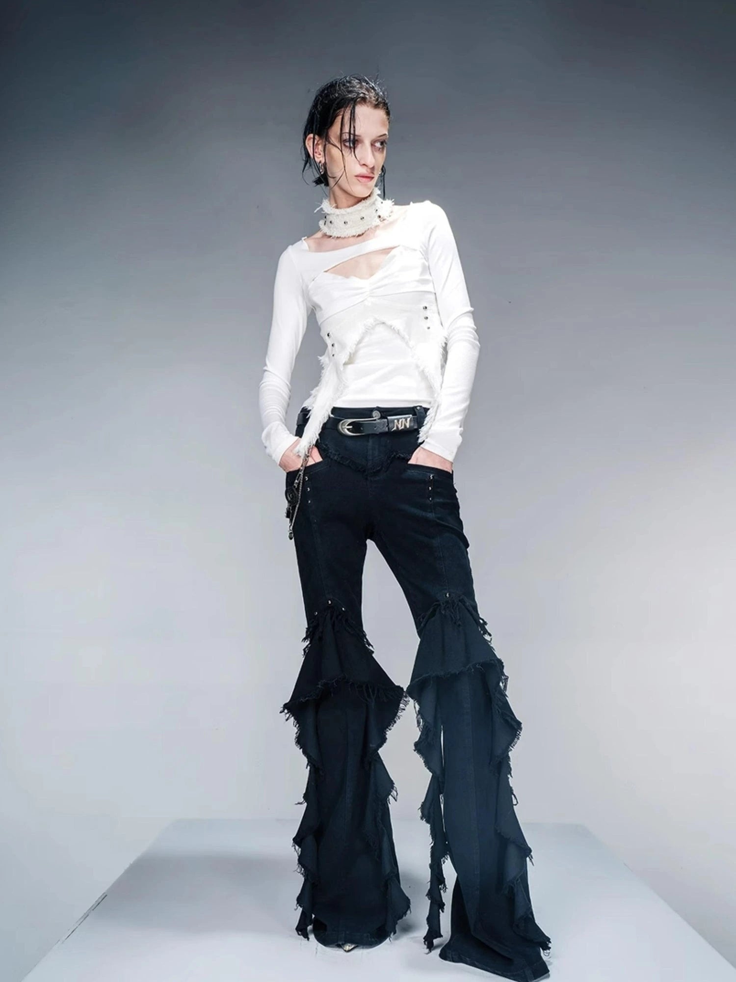 Knit Denim Frayed Edge Layering Top