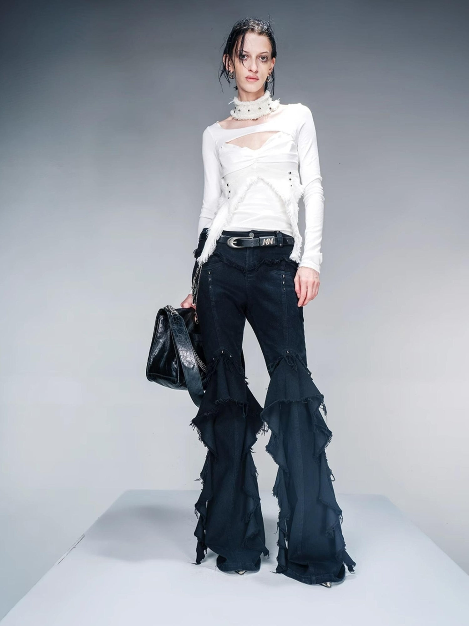 NN NORTH NODE Knit Denim Frayed Edge Layering Top