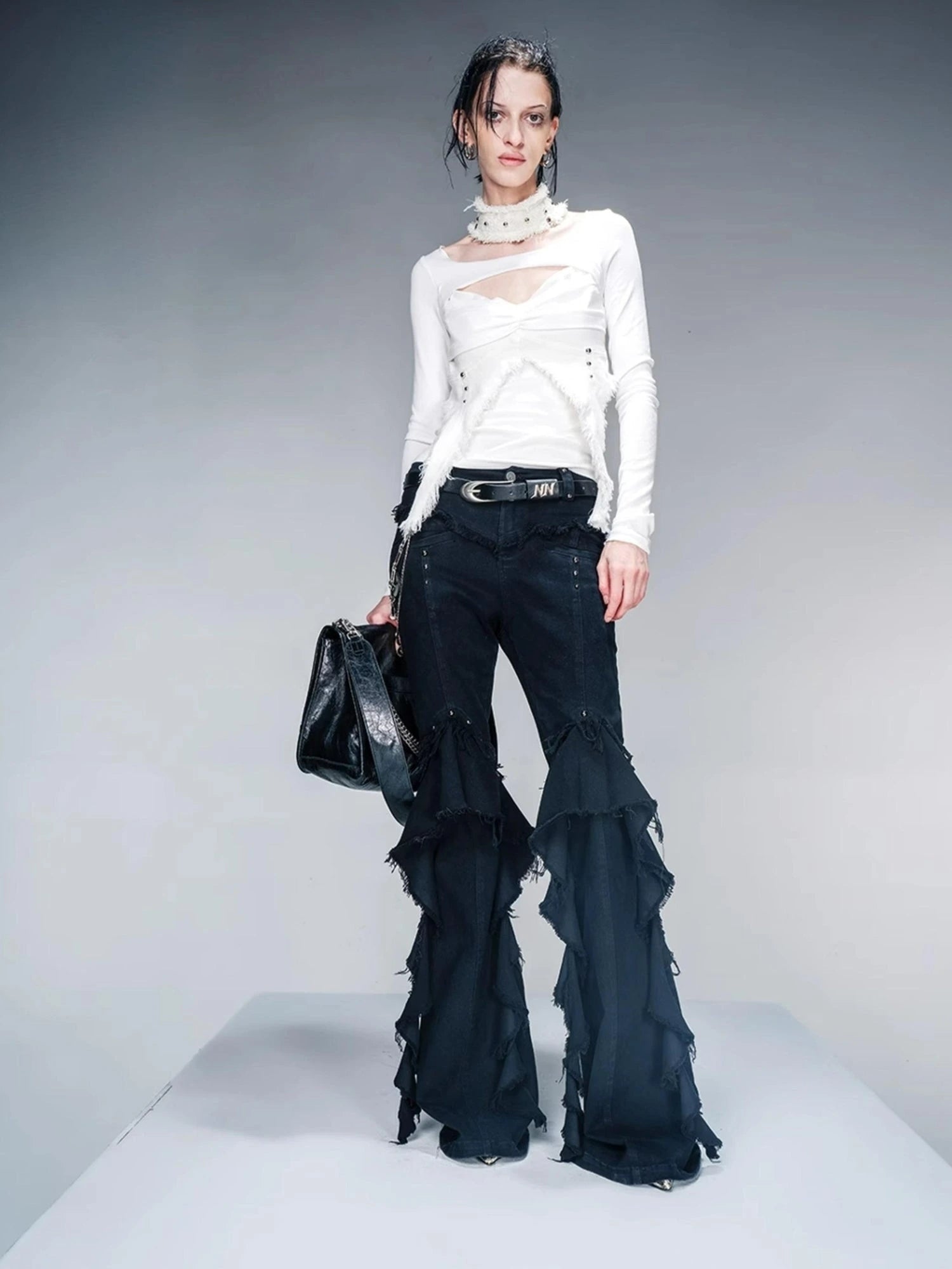 Knit Denim Frayed Edge Layering Top