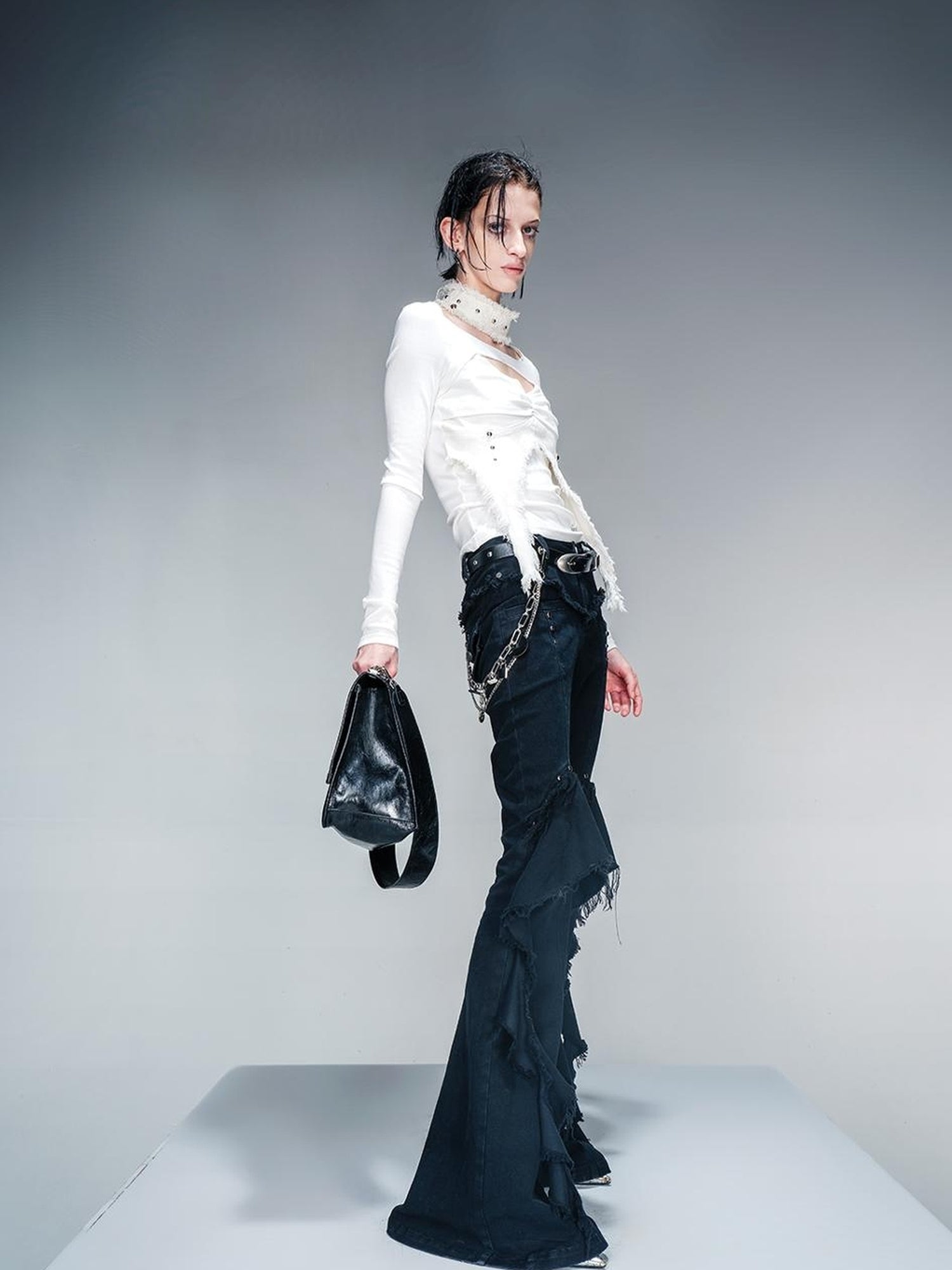 NN NORTH NODE Knit Denim Frayed Edge Layering Top