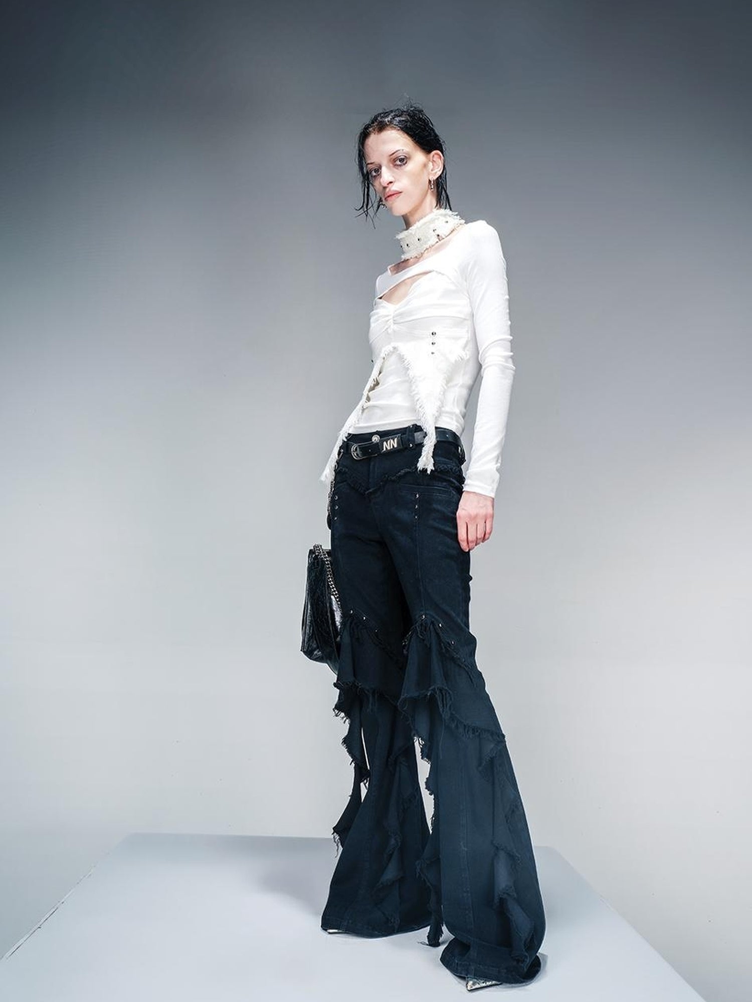 NN NORTH NODE Knit Denim Frayed Edge Layering Top