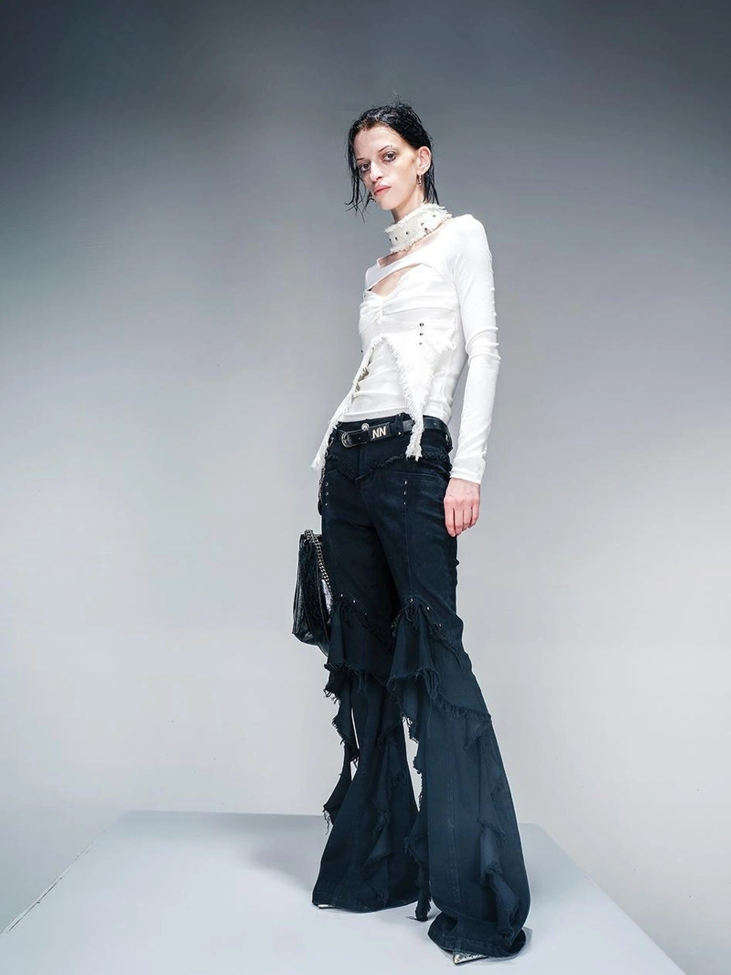 Knit Denim Frayed Edge Layering Top