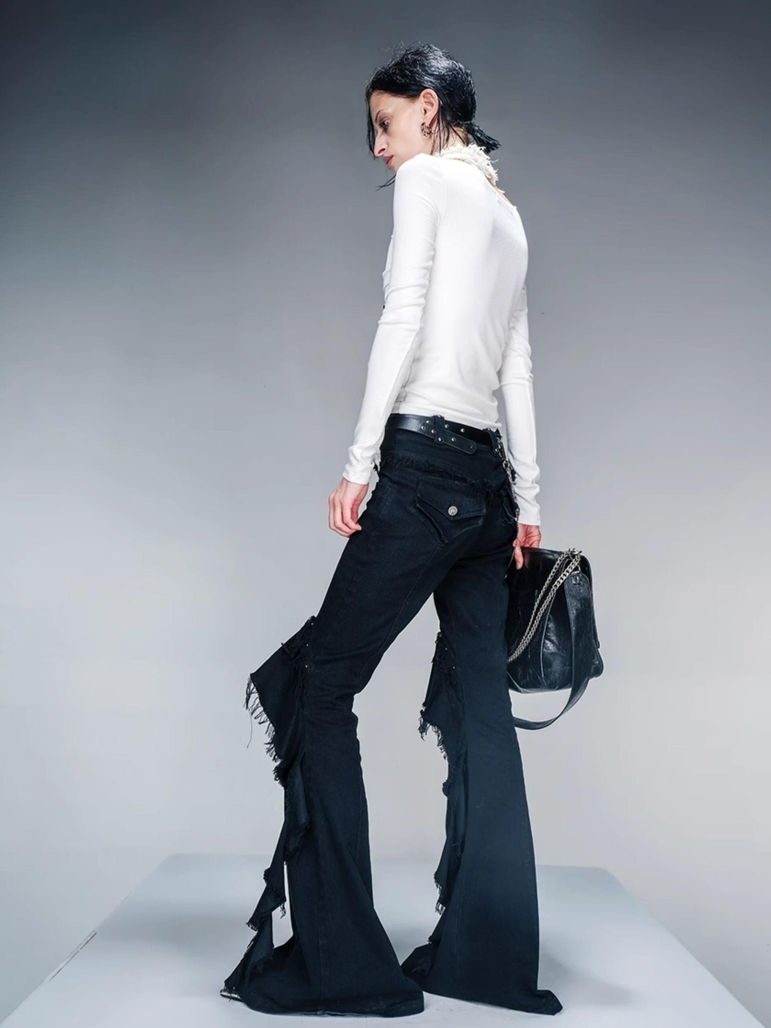 NN NORTH NODE Knit Denim Frayed Edge Layering Top