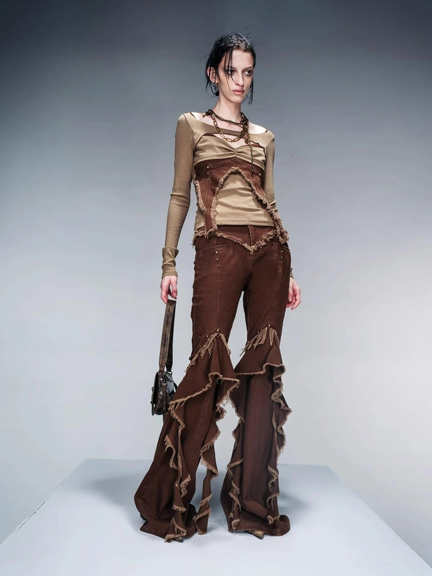 Knit Denim Frayed Edge Layering Top