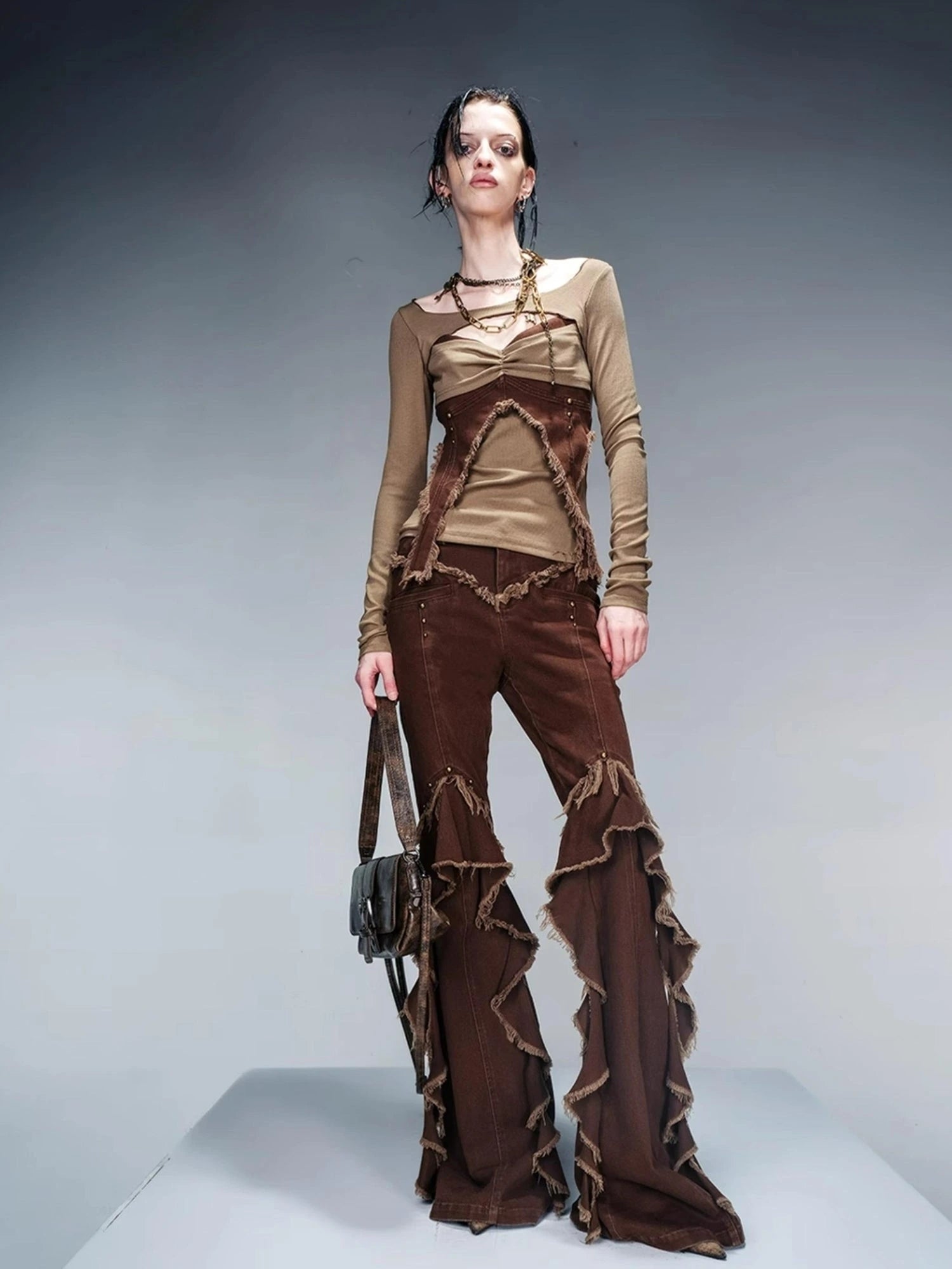 Knit Denim Frayed Edge Layering Top