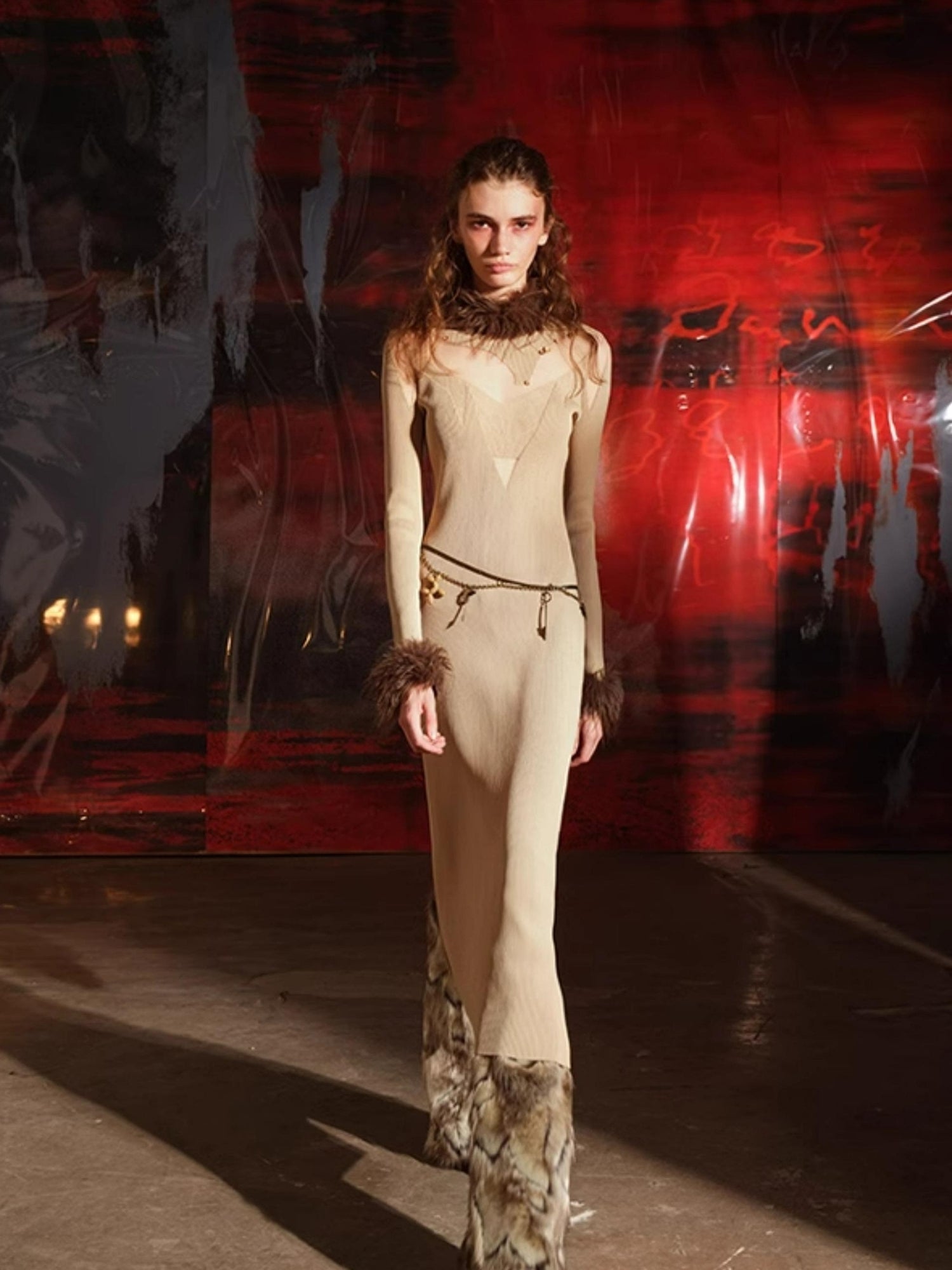 NN NORTH NODE Knitted Lace Trimmed Dress With Detachable Fur Collar