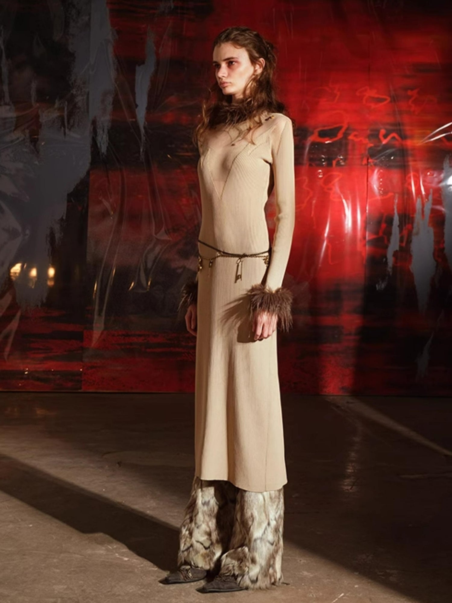 NN NORTH NODE Knitted Lace Trimmed Dress With Detachable Fur Collar