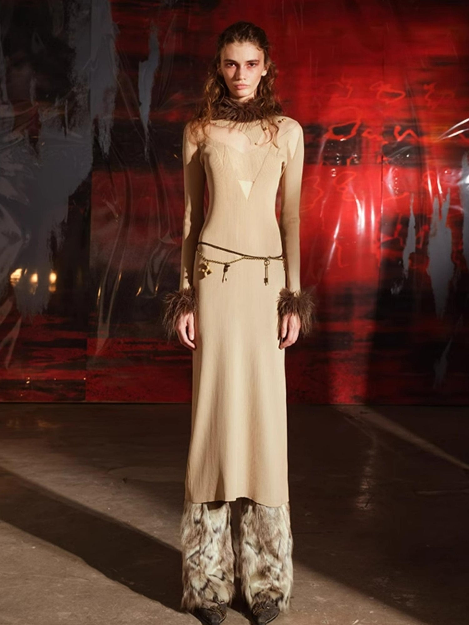 NN NORTH NODE Knitted Lace Trimmed Dress With Detachable Fur Collar