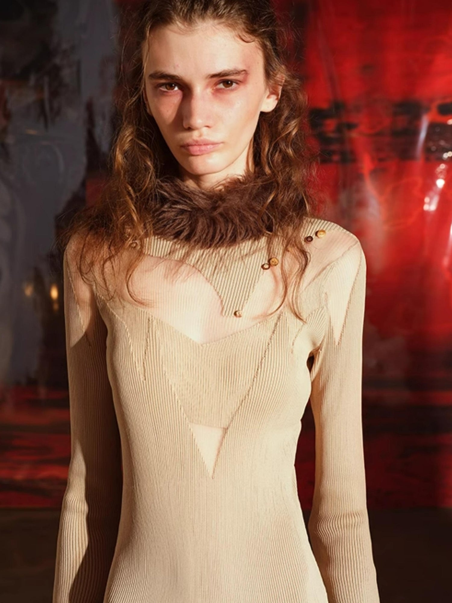 NN NORTH NODE Knitted Lace Trimmed Dress With Detachable Fur Collar