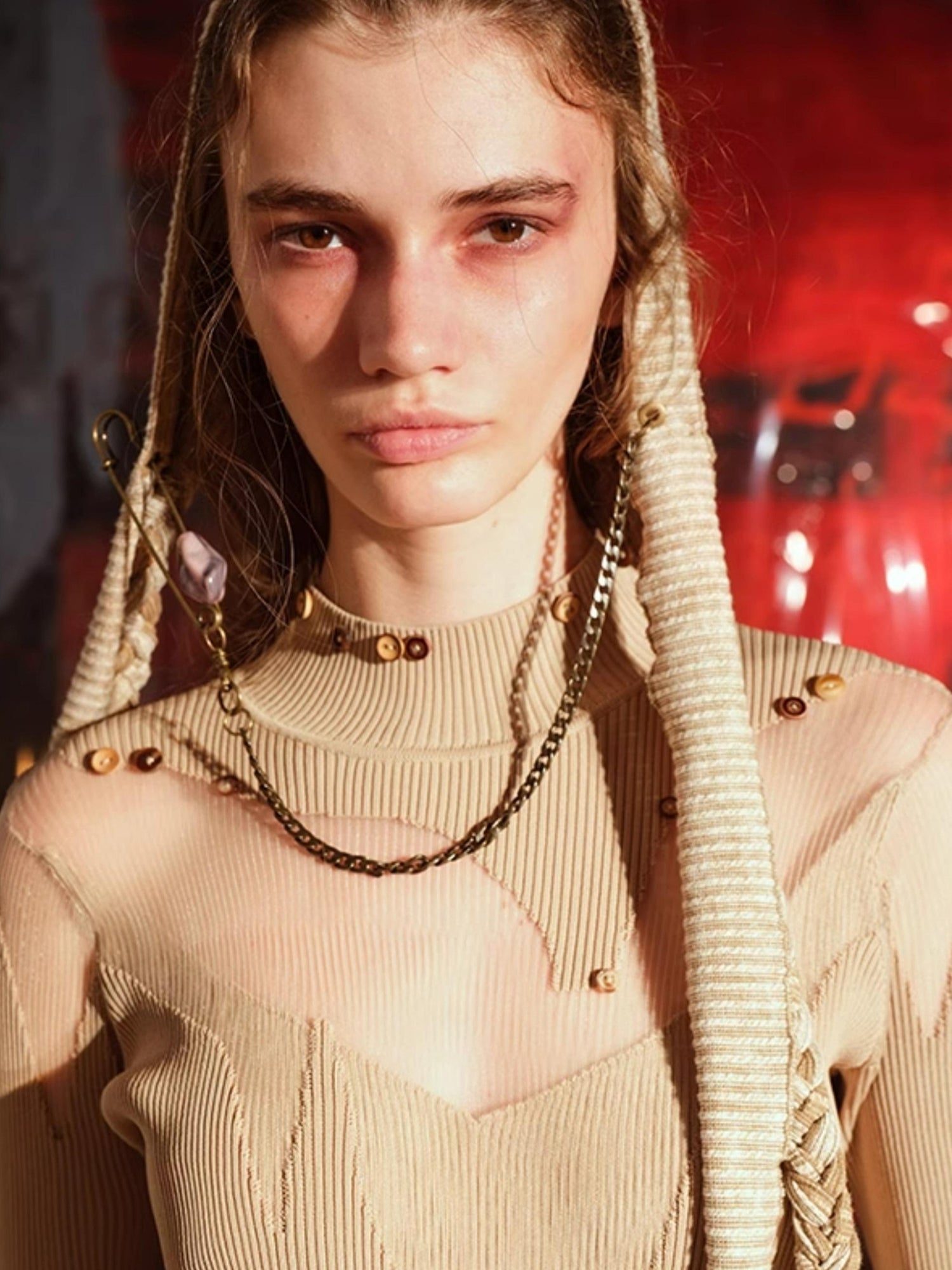 NN NORTH NODE Knitted Lace Trimmed Dress With Detachable Fur Collar