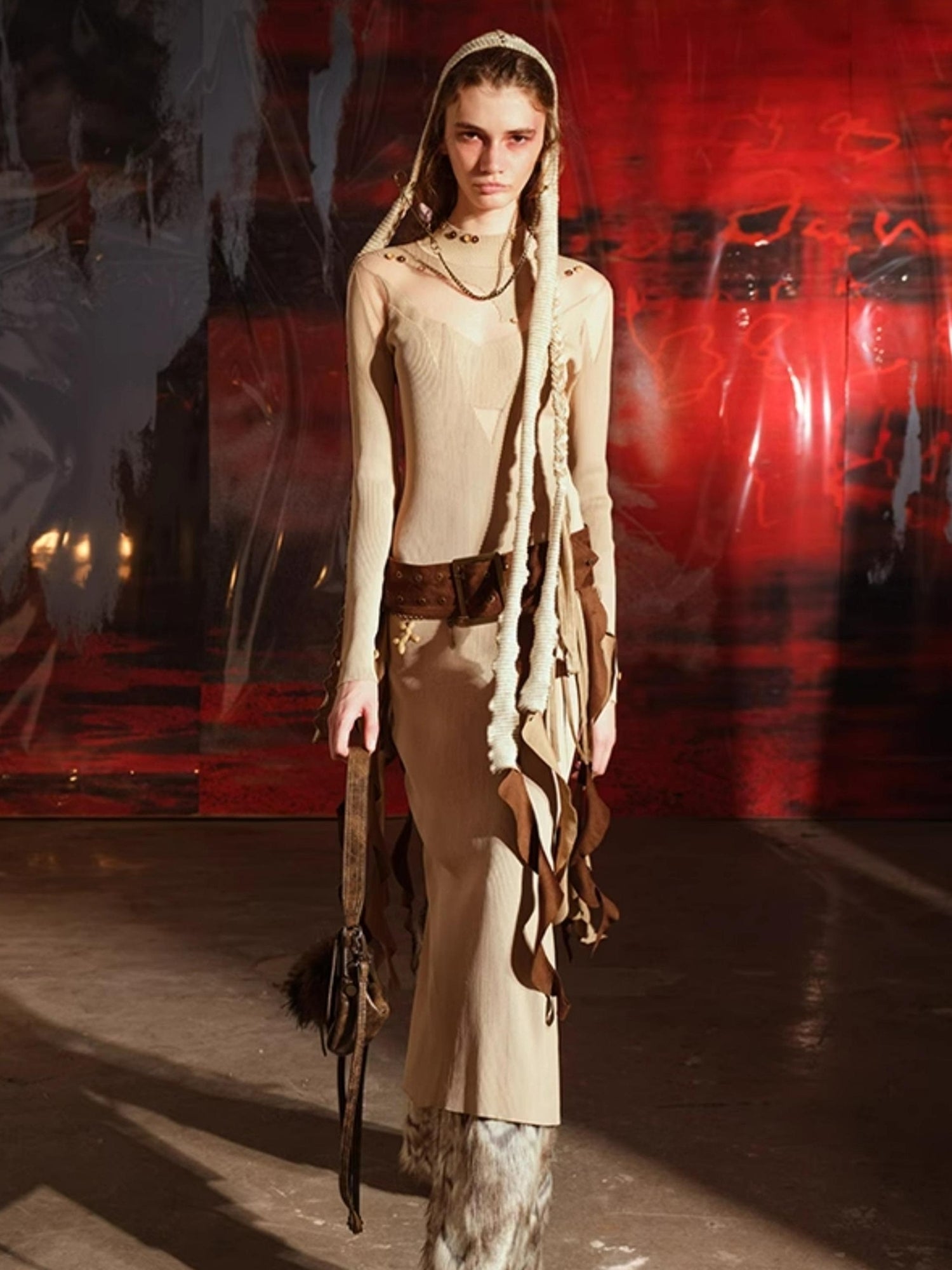 NN NORTH NODE Knitted Lace Trimmed Dress With Detachable Fur Collar