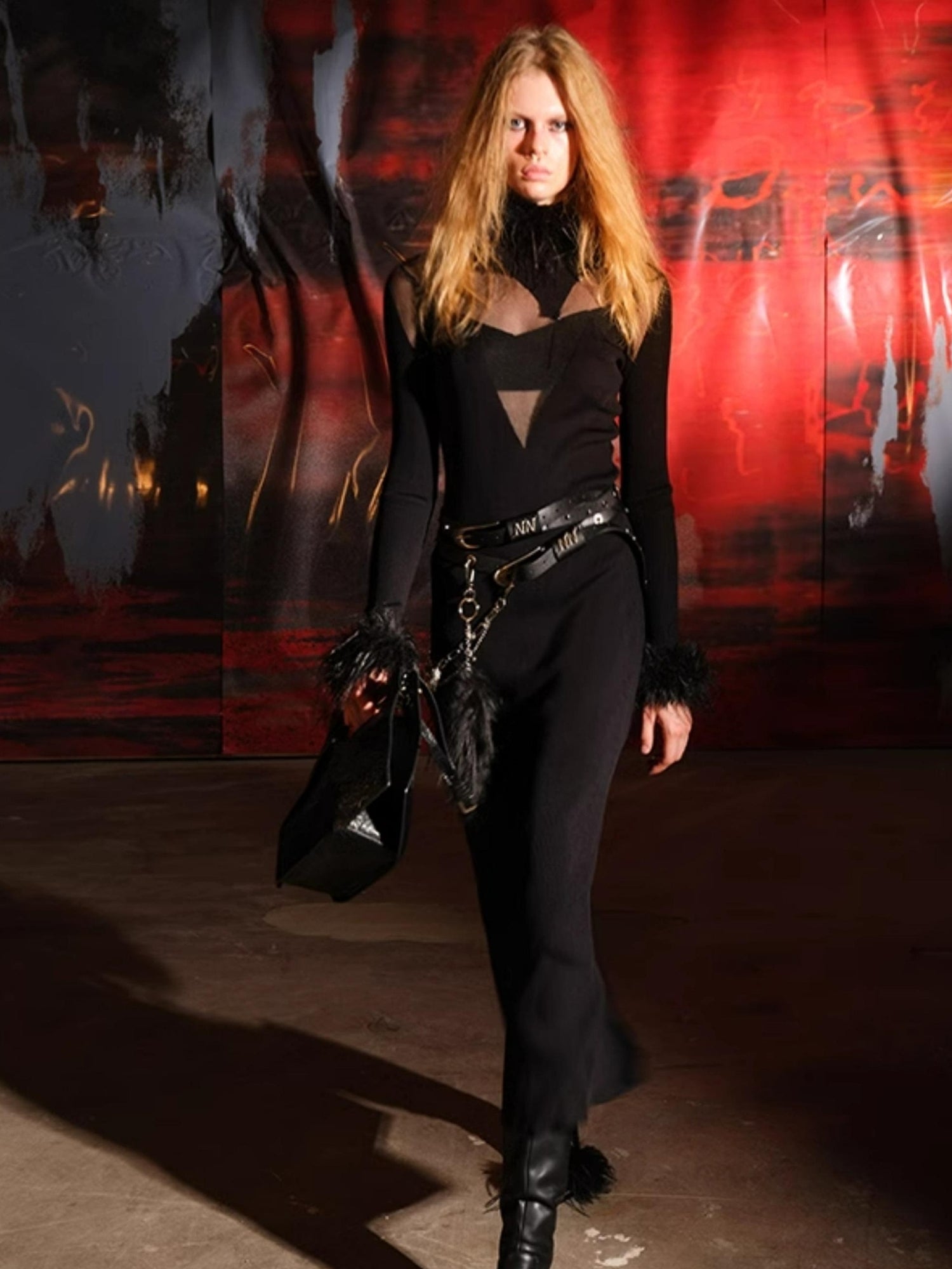 NN NORTH NODE Knitted Lace Trimmed Dress With Detachable Fur Collar