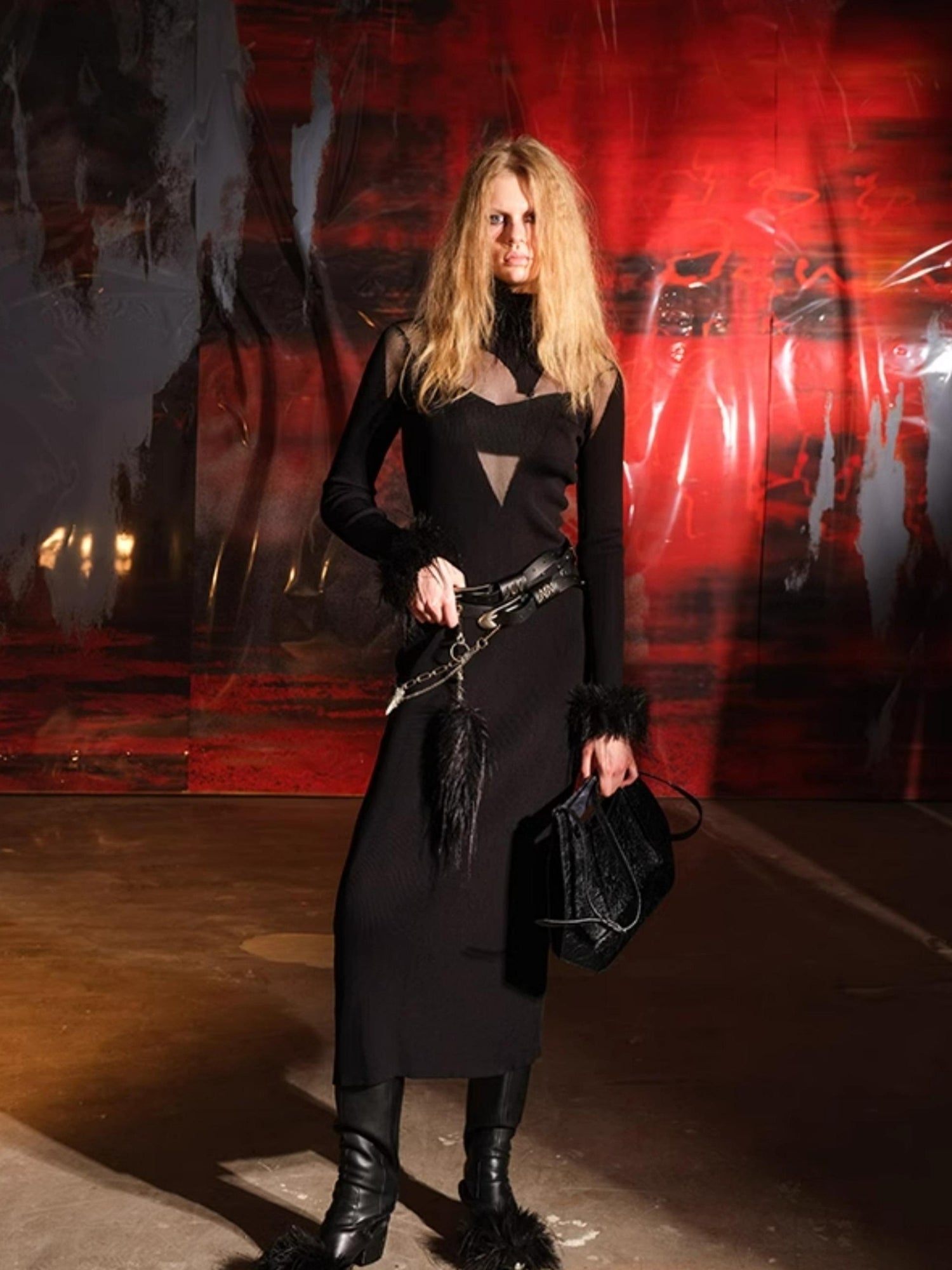 NN NORTH NODE Knitted Lace Trimmed Dress With Detachable Fur Collar