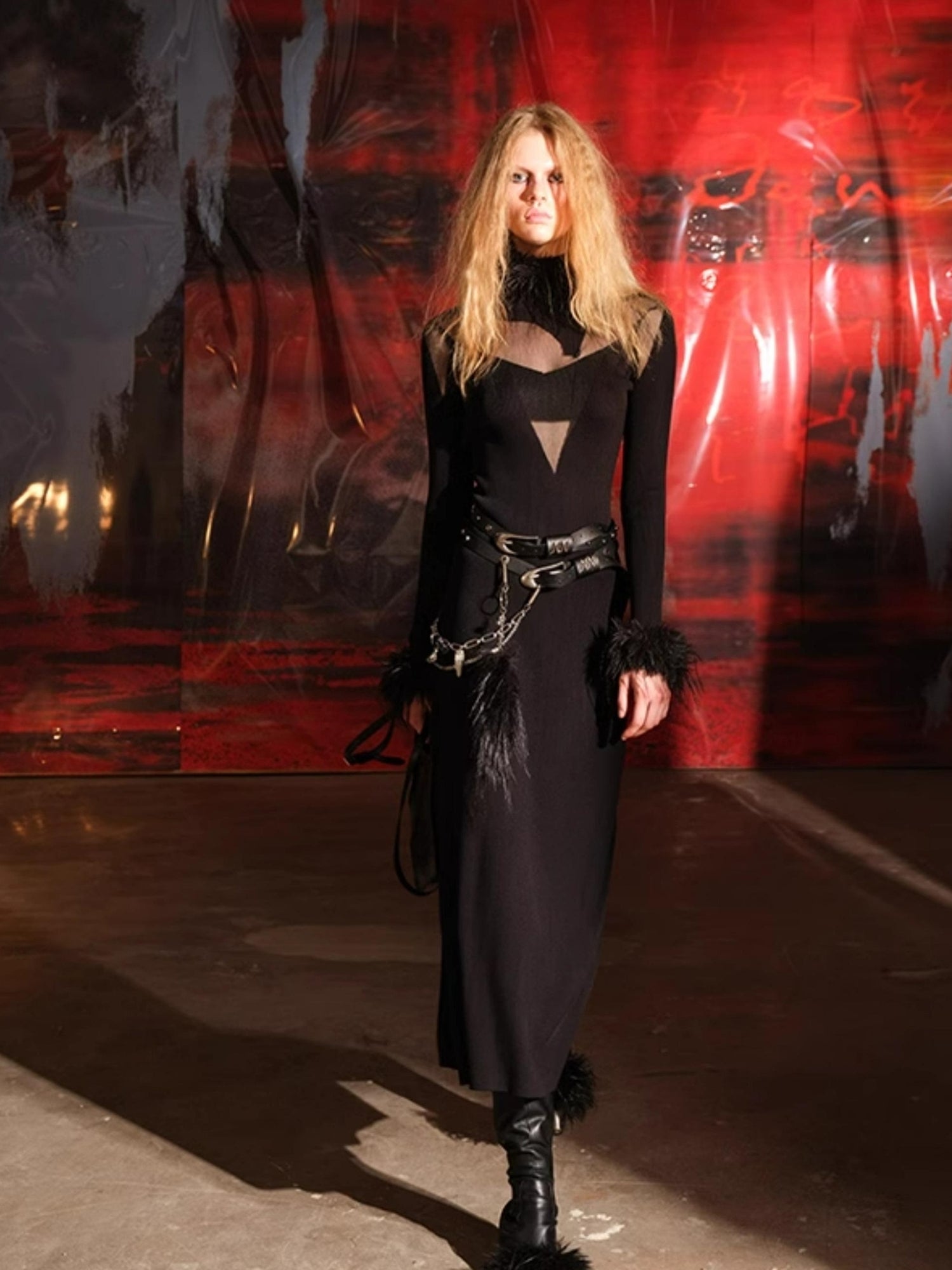 NN NORTH NODE Knitted Lace Trimmed Dress With Detachable Fur Collar