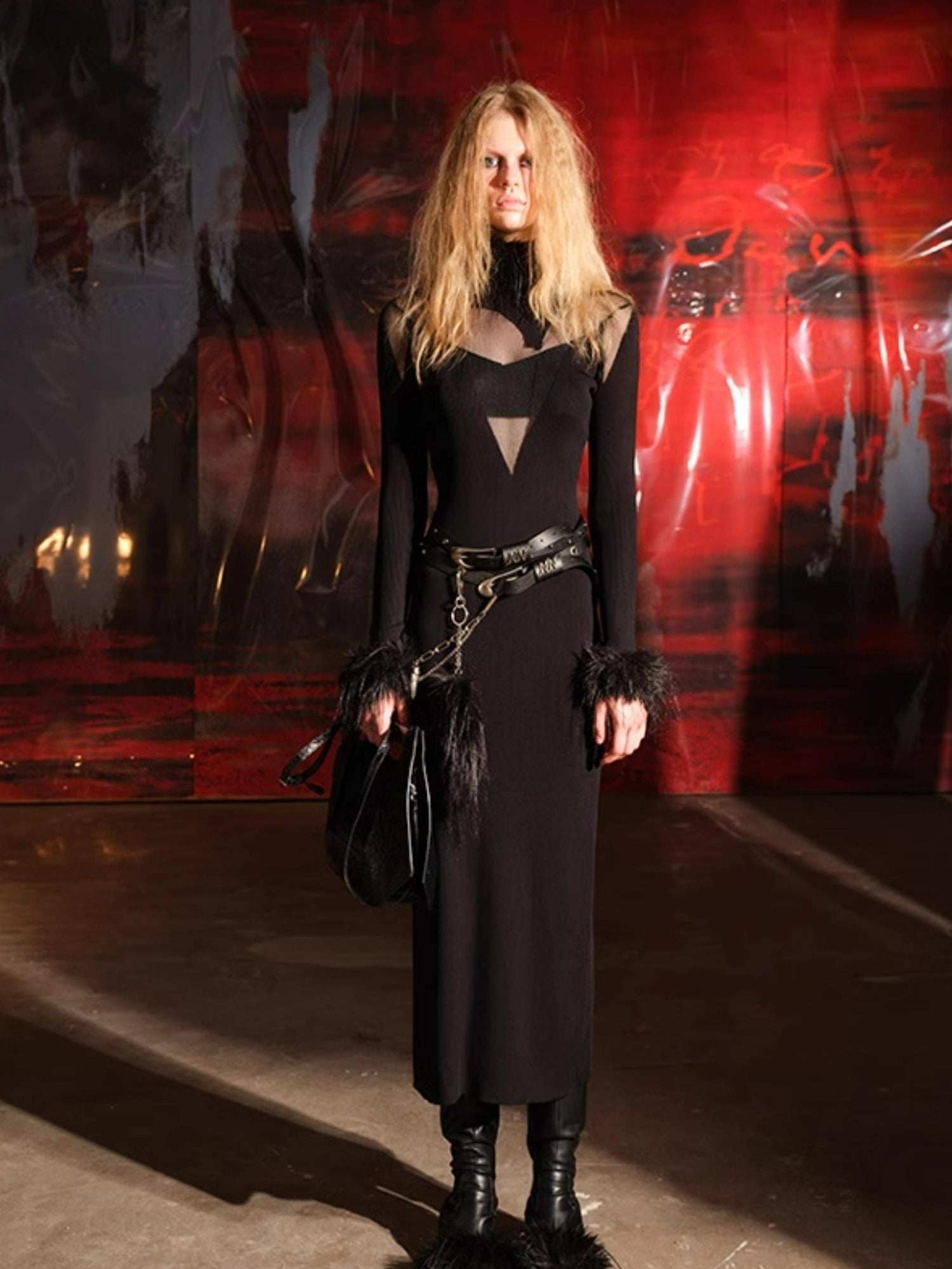 NN NORTH NODE Knitted Lace Trimmed Dress With Detachable Fur Collar