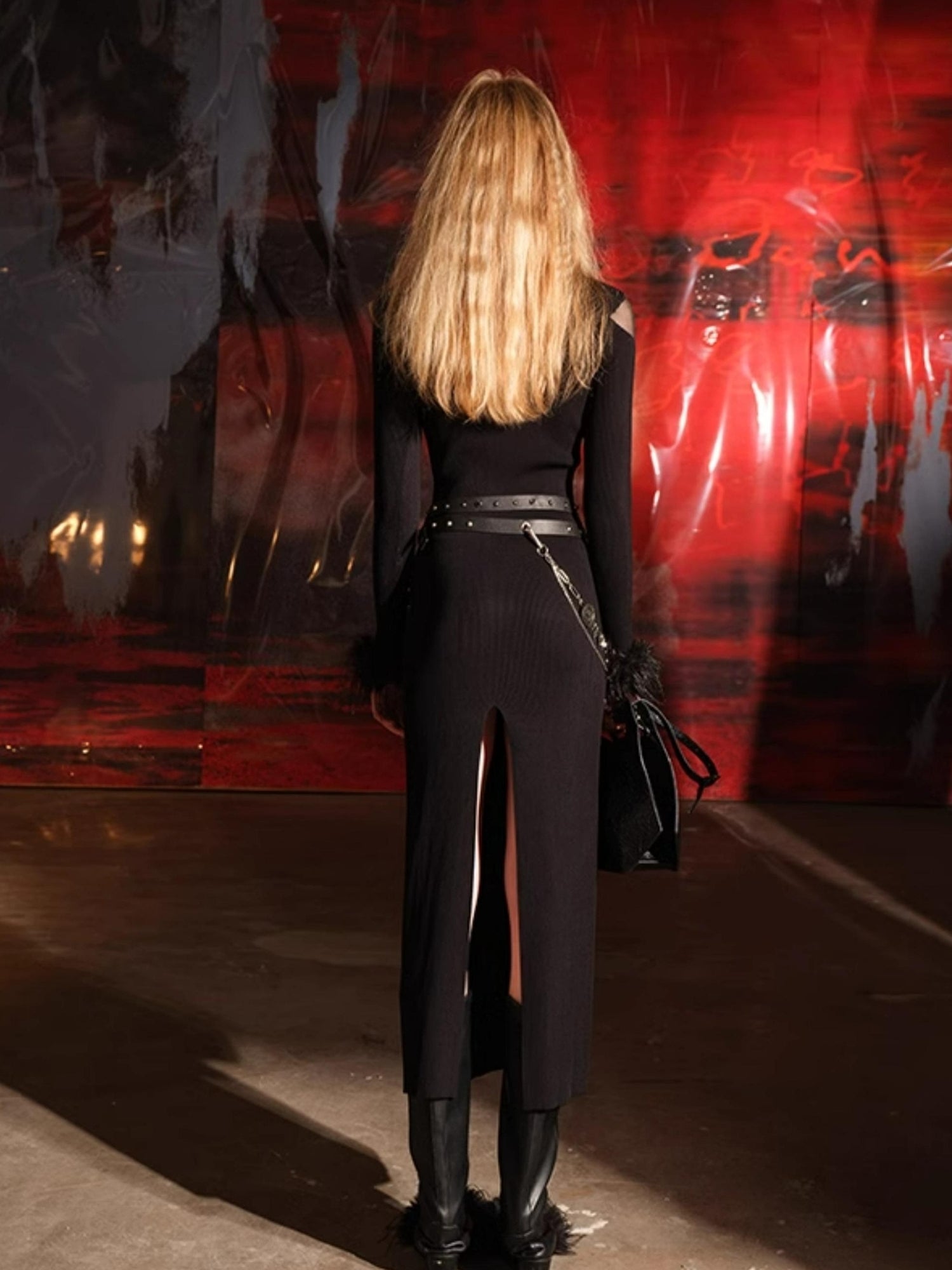 NN NORTH NODE Knitted Lace Trimmed Dress With Detachable Fur Collar