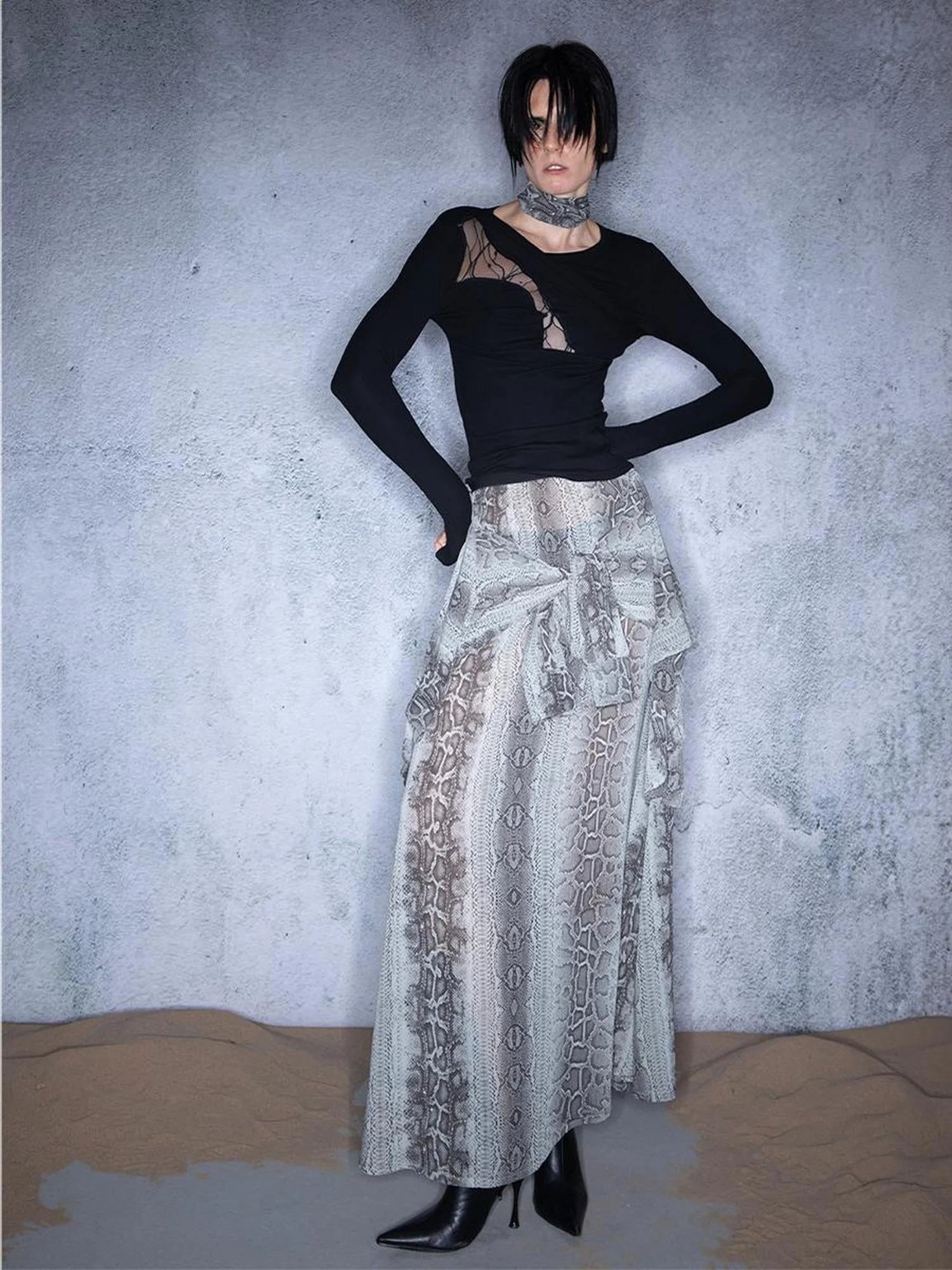 Lace Paneled Knit Tee With Slanted Hem