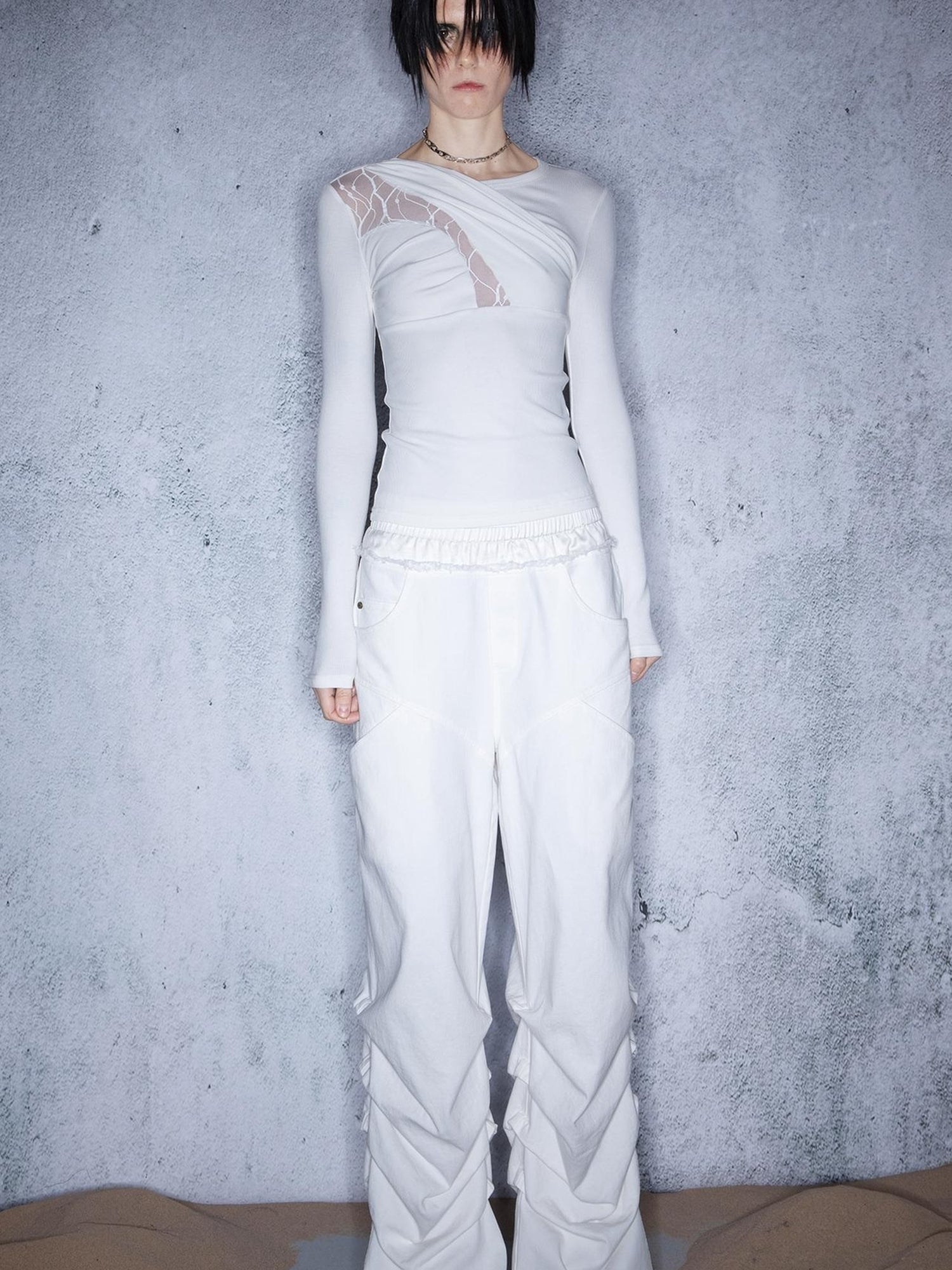 UpdateNN NORTH NODE Lace Paneled Knit Tee With Slanted Hem