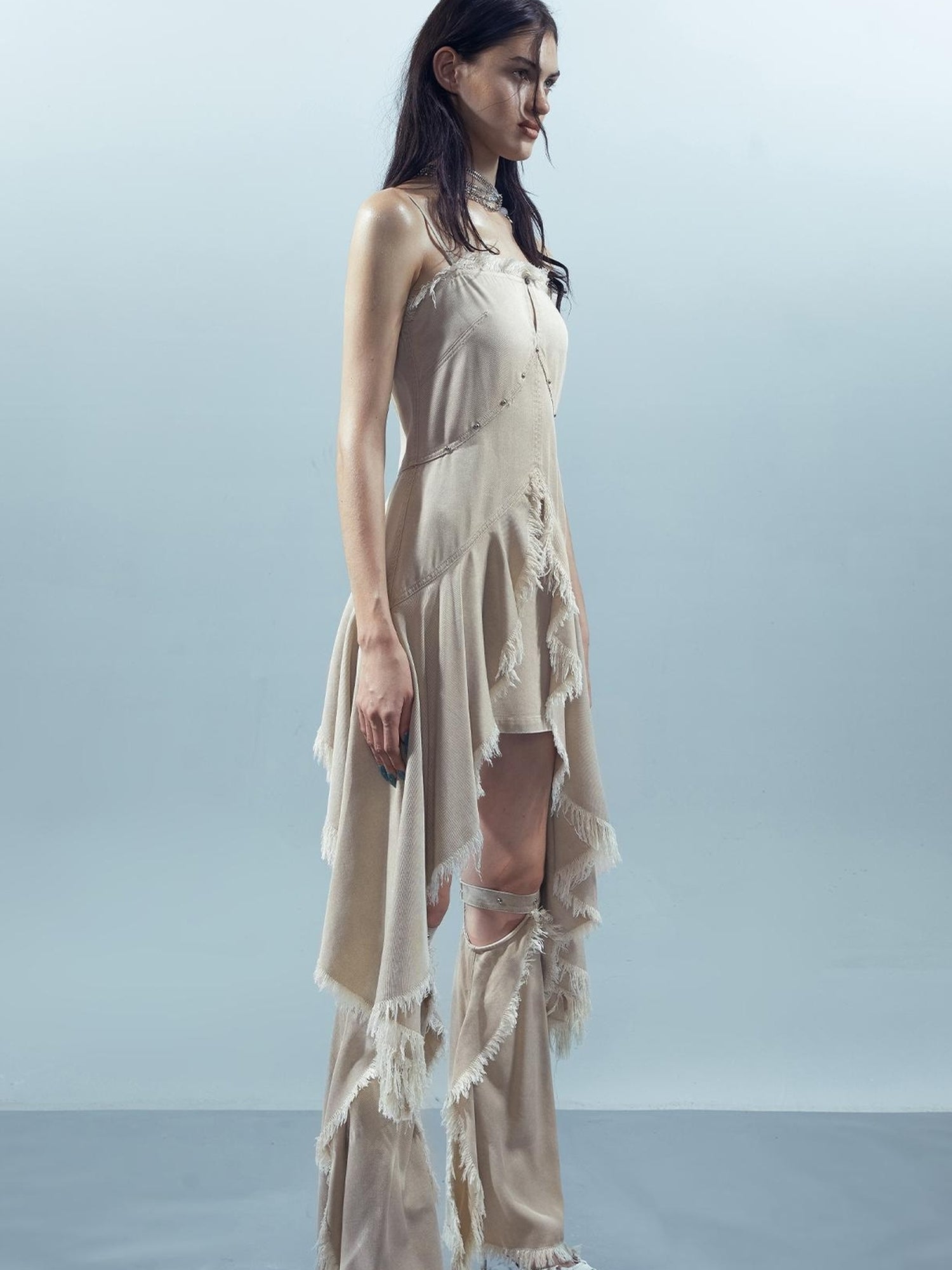 UpdateNN NORTH NODE Lacewelt Raw Edge Layered Slip Dress V-neck