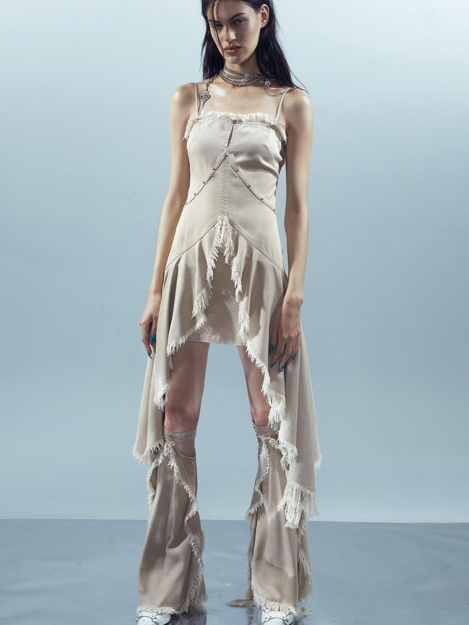 UpdateNN NORTH NODE Lacewelt Raw Edge Layered Slip Dress V-neck