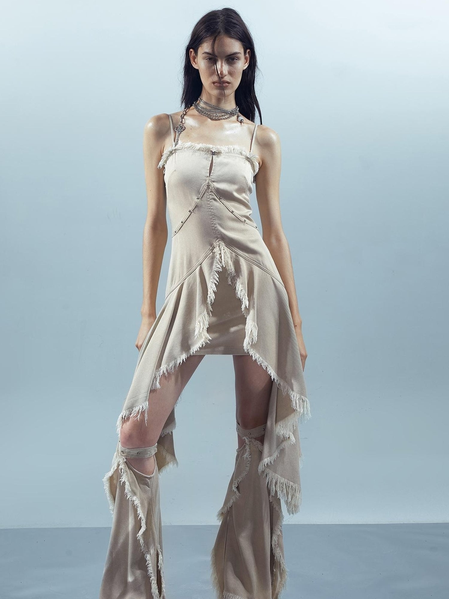 UpdateNN NORTH NODE Lacewelt Raw Edge Layered Slip Dress V-neck