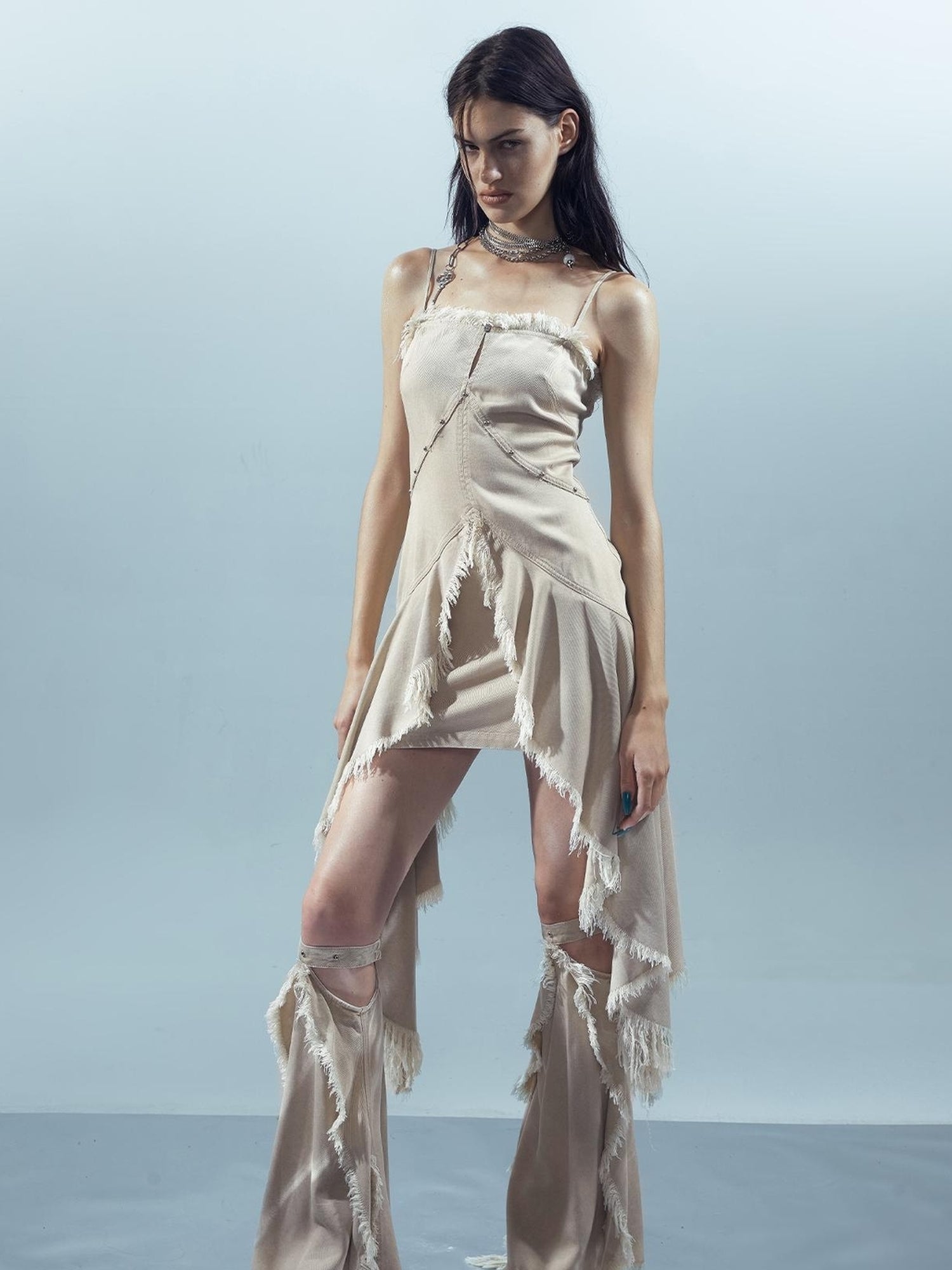 UpdateNN NORTH NODE Lacewelt Raw Edge Layered Slip Dress V-neck