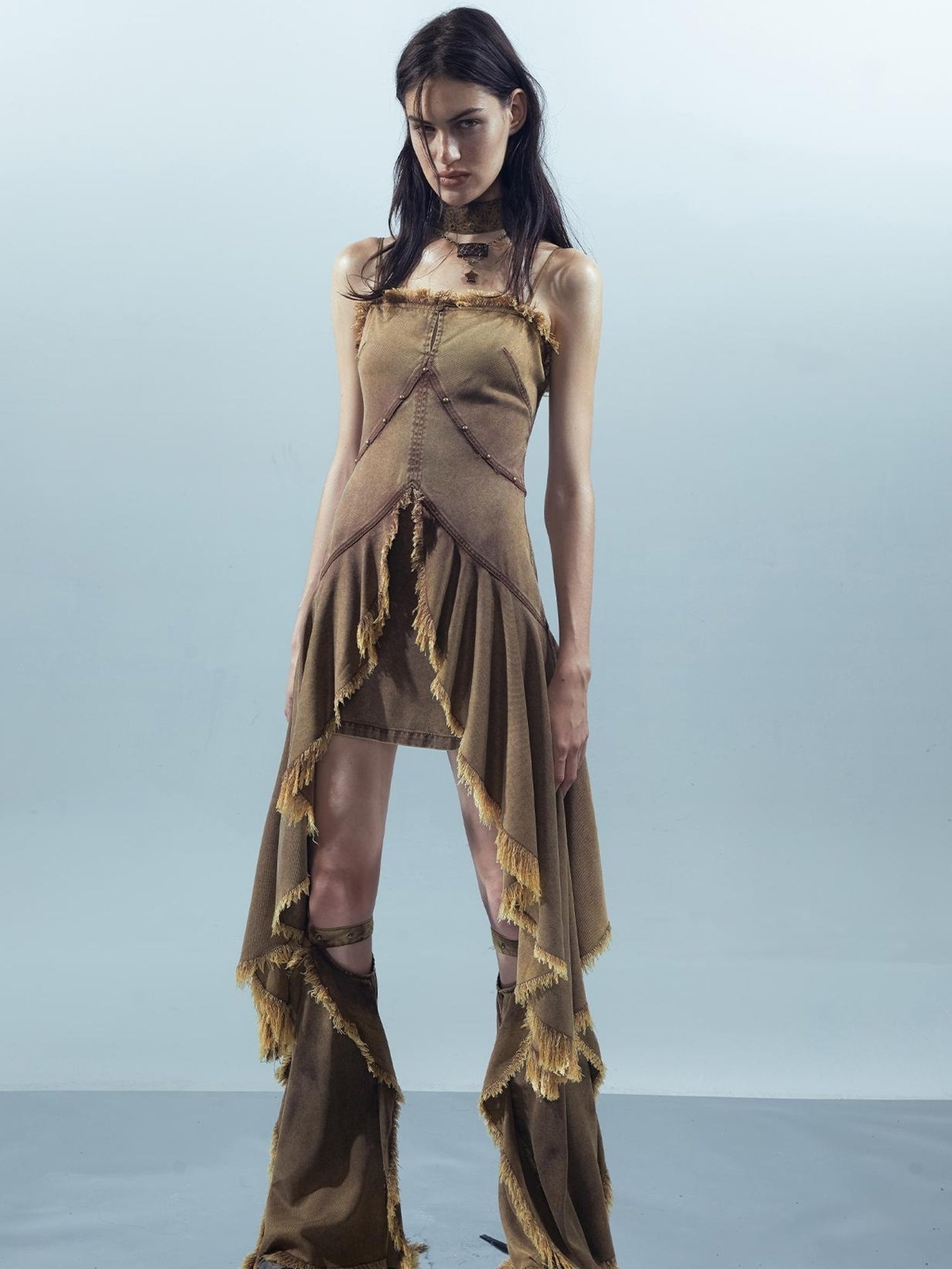 UpdateNN NORTH NODE Lacewelt Raw Edge Layered Slip Dress V-neck