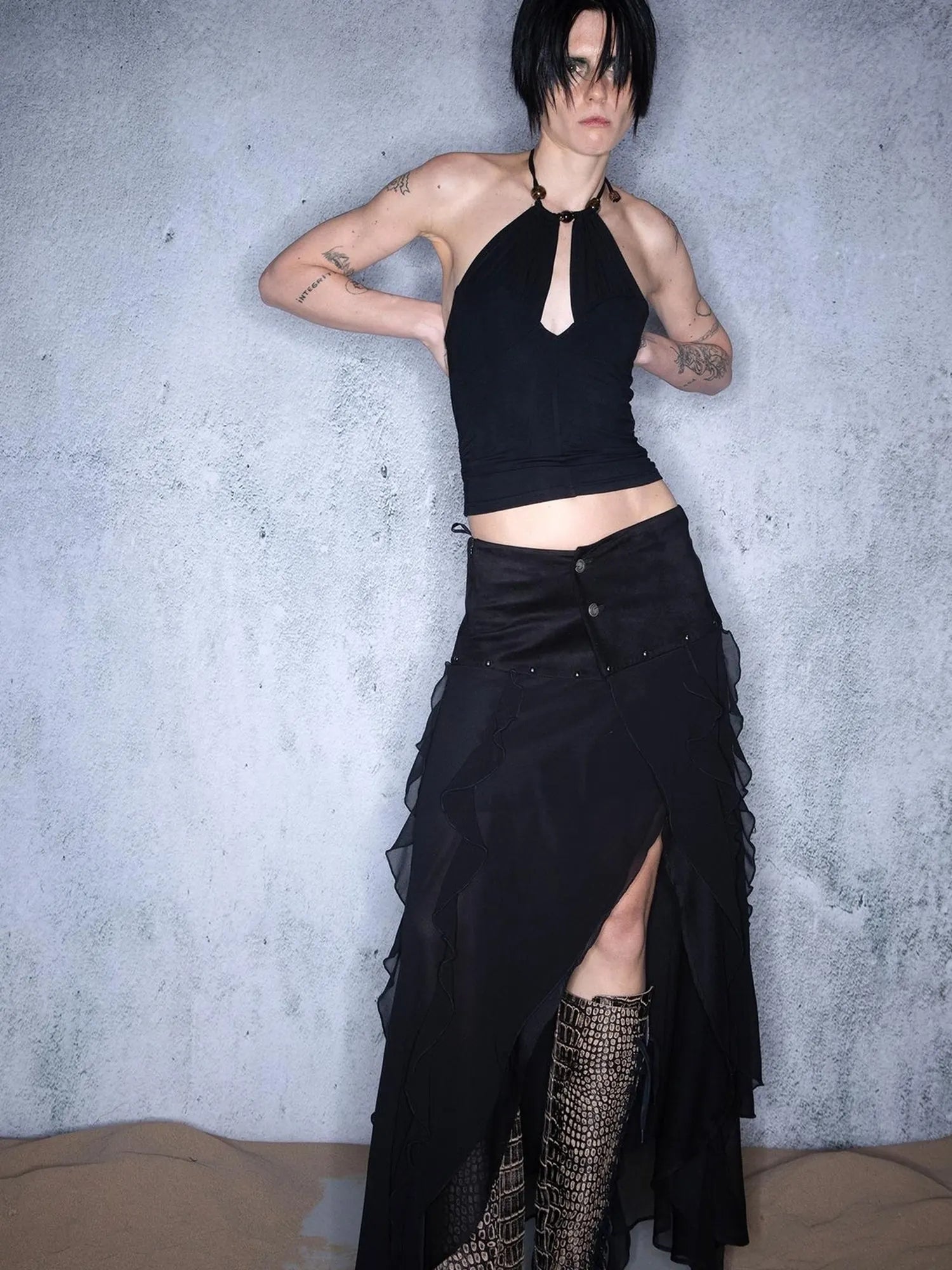 Layered Chiffon Asymmetric Hem Skirt With Ruffles