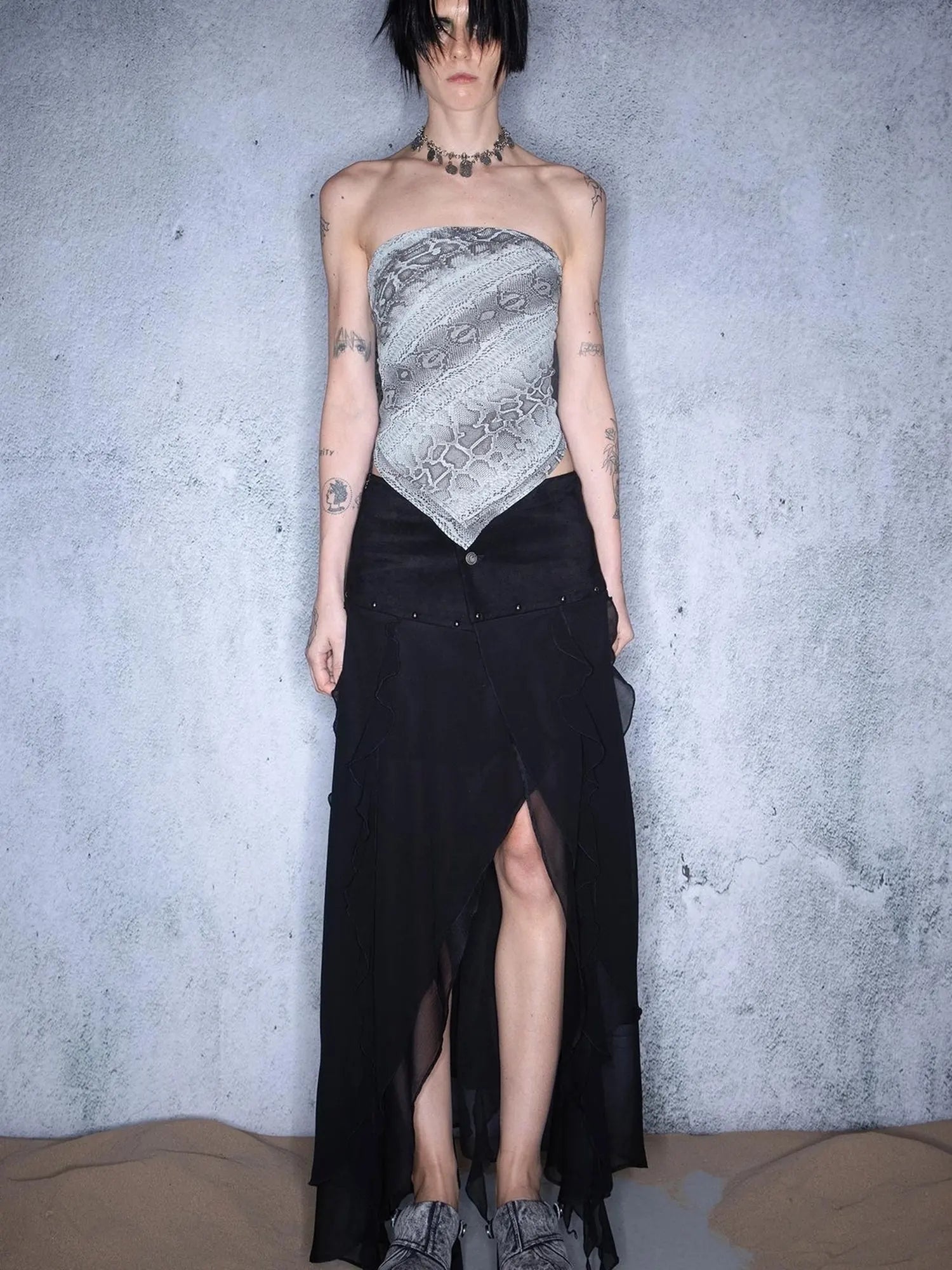 Layered Chiffon Asymmetric Hem Skirt With Ruffles