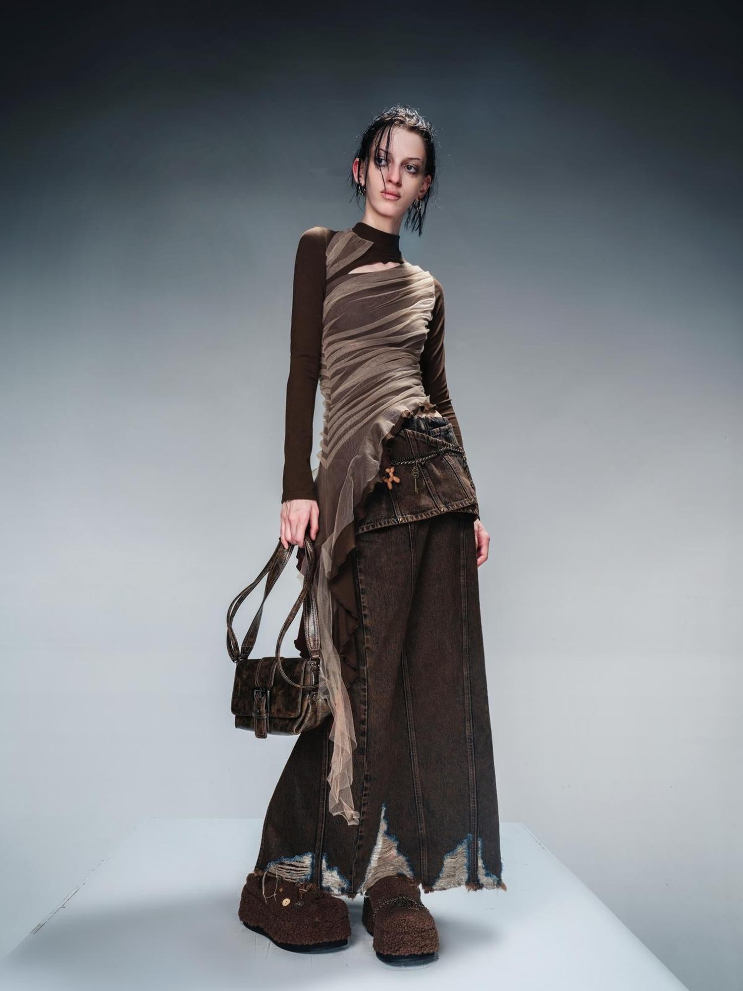NN NORTH NODE Layered Sheer Mesh Top With Asymmetric Hem