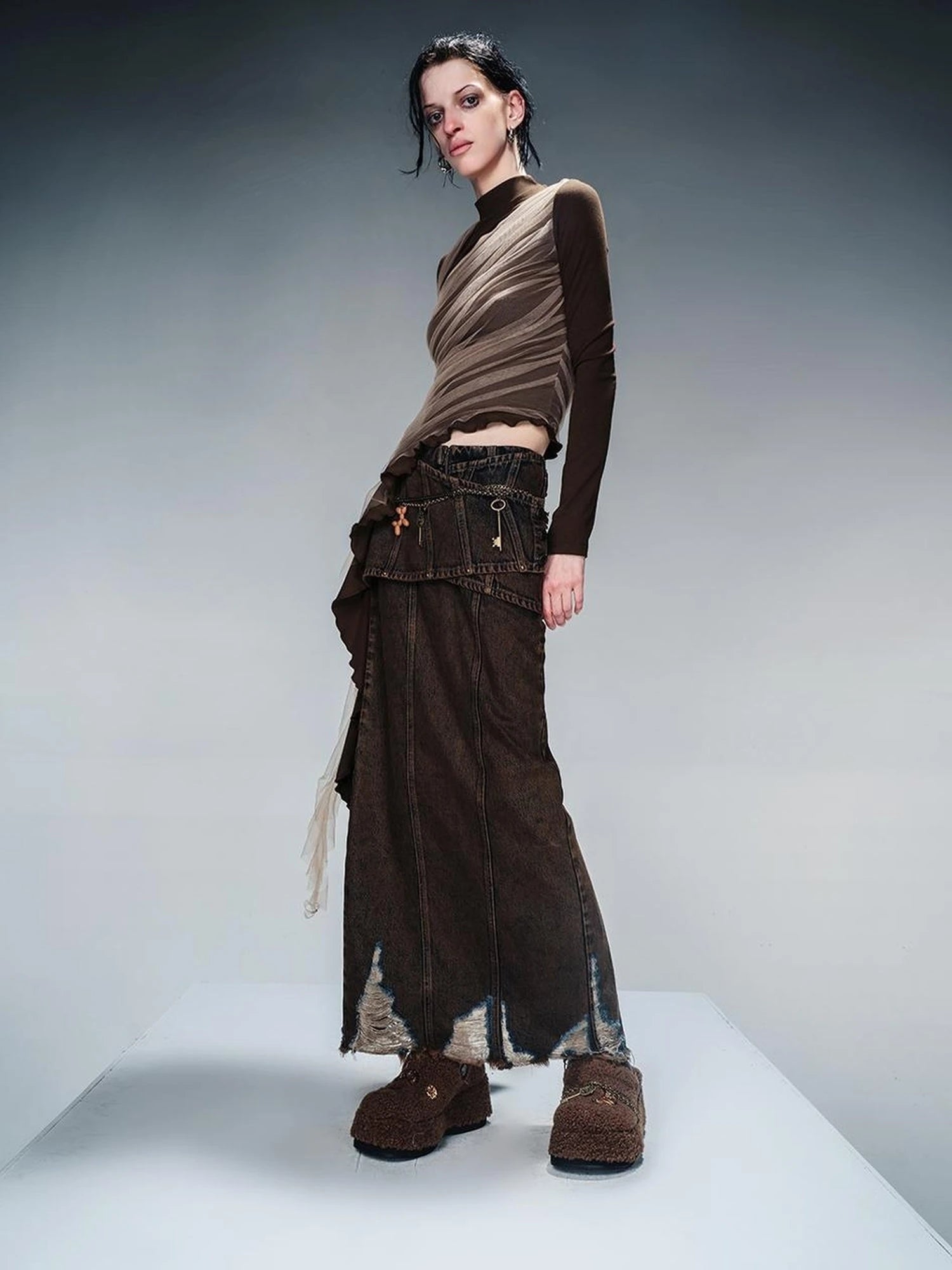 Layered Sheer Mesh Top With Asymmetric Hem