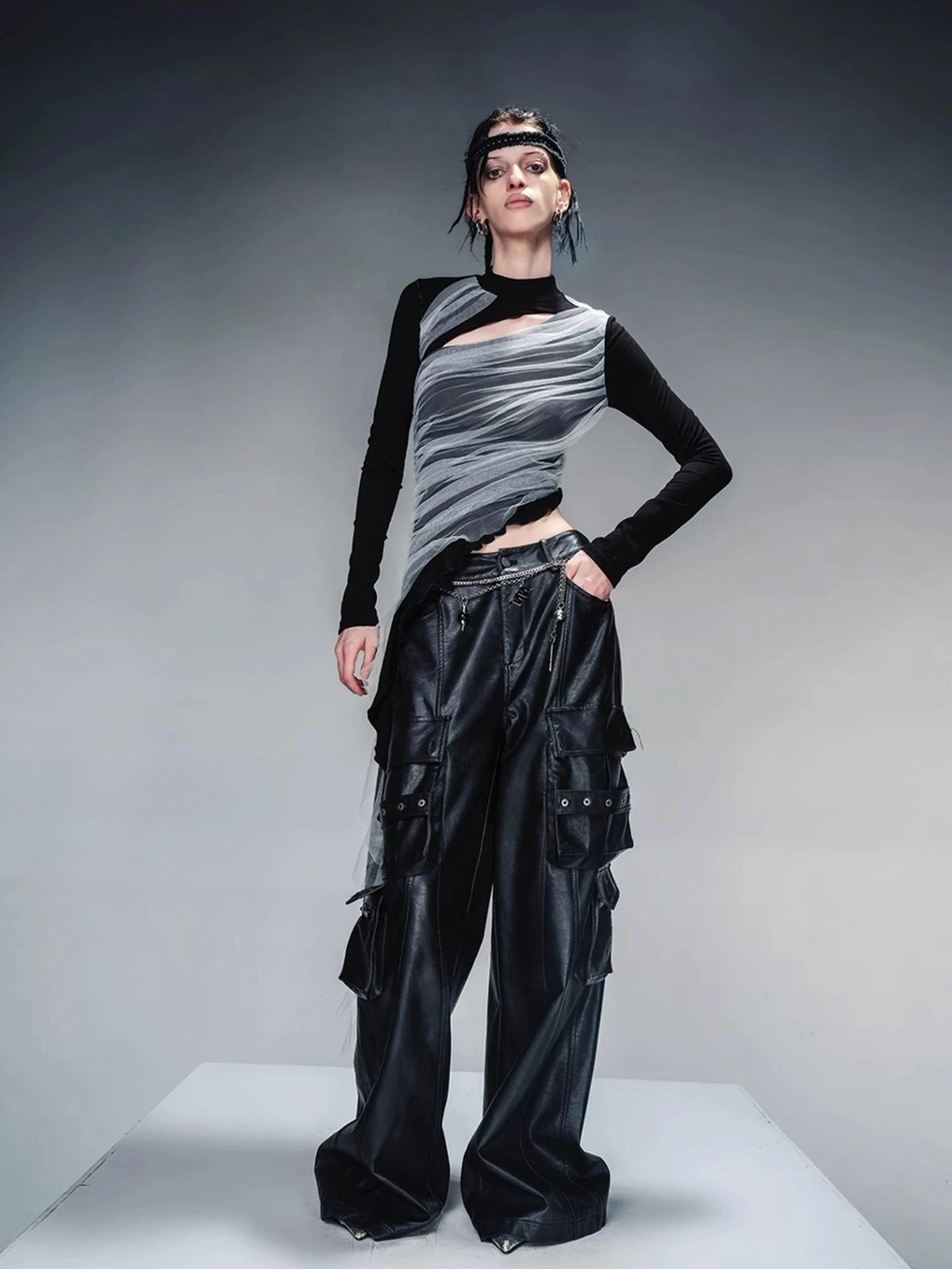 Layered Sheer Mesh Top With Asymmetric Hem