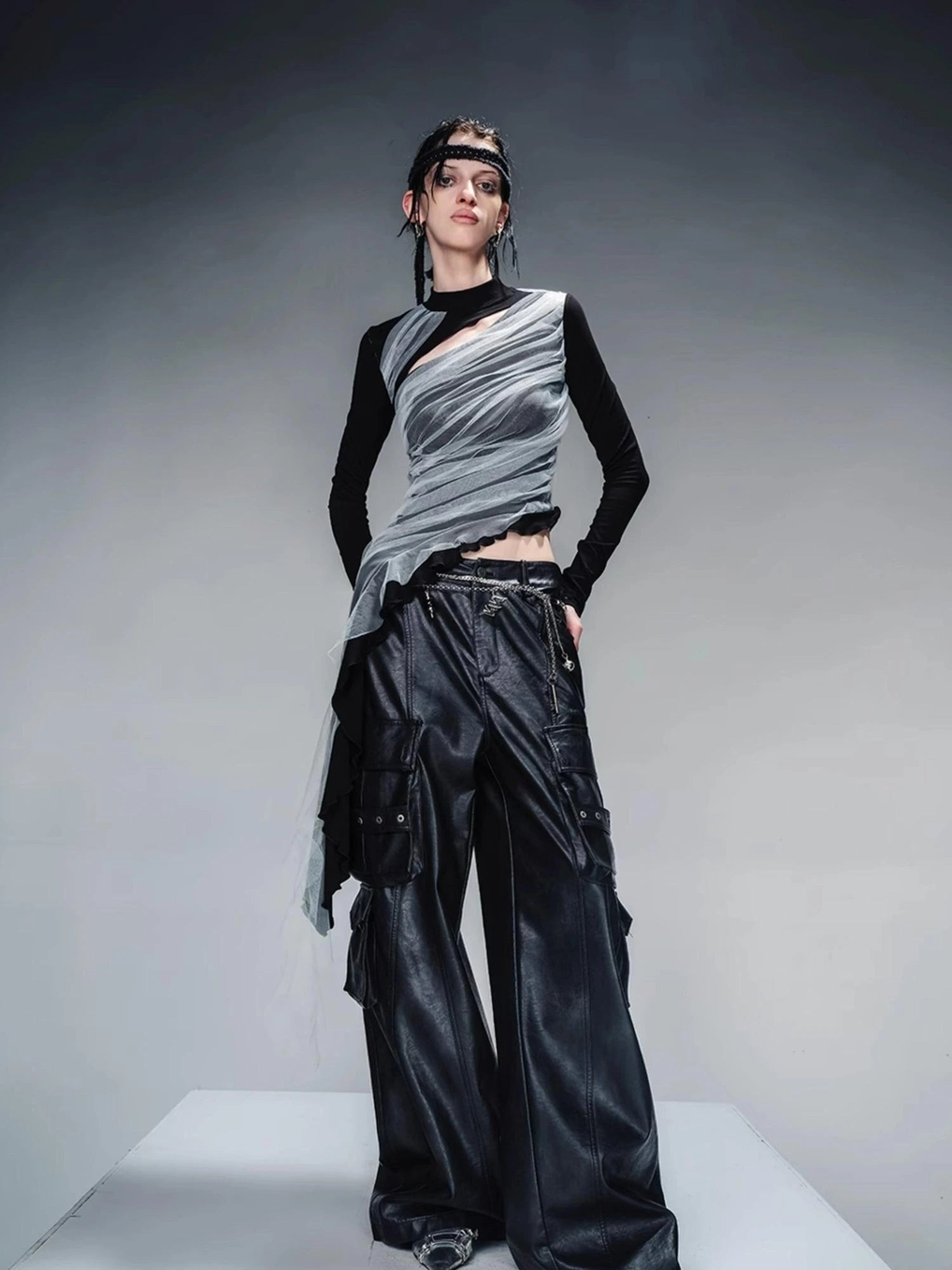 Layered Sheer Mesh Top With Asymmetric Hem