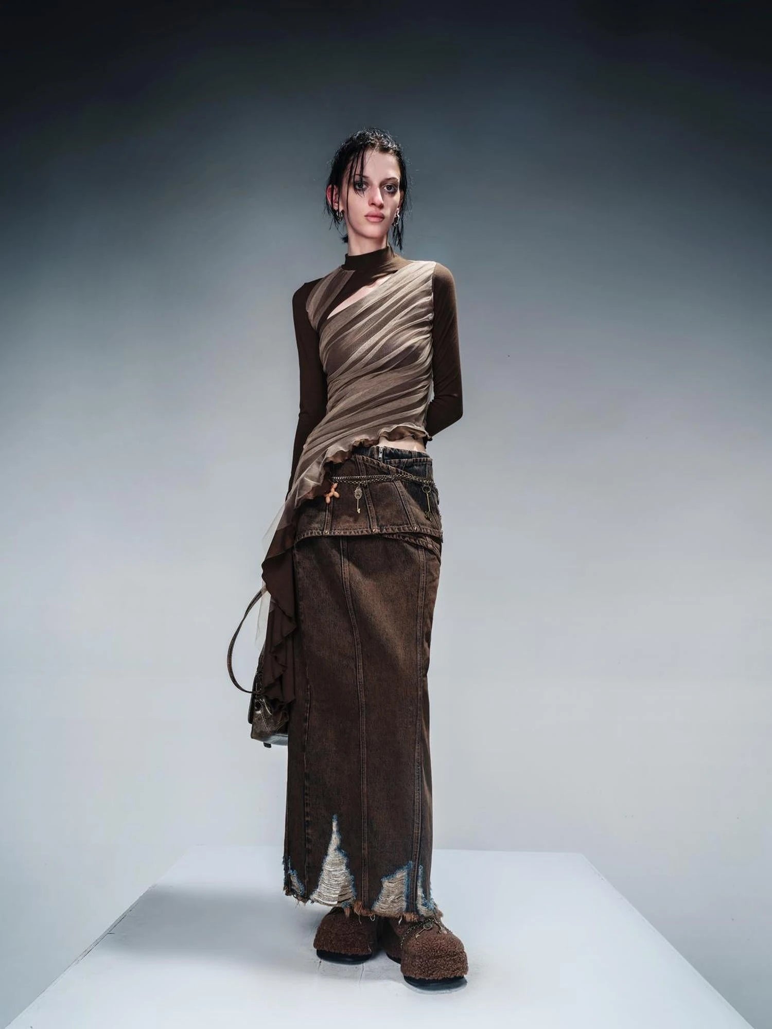 Layered Sheer Mesh Top With Asymmetric Hem