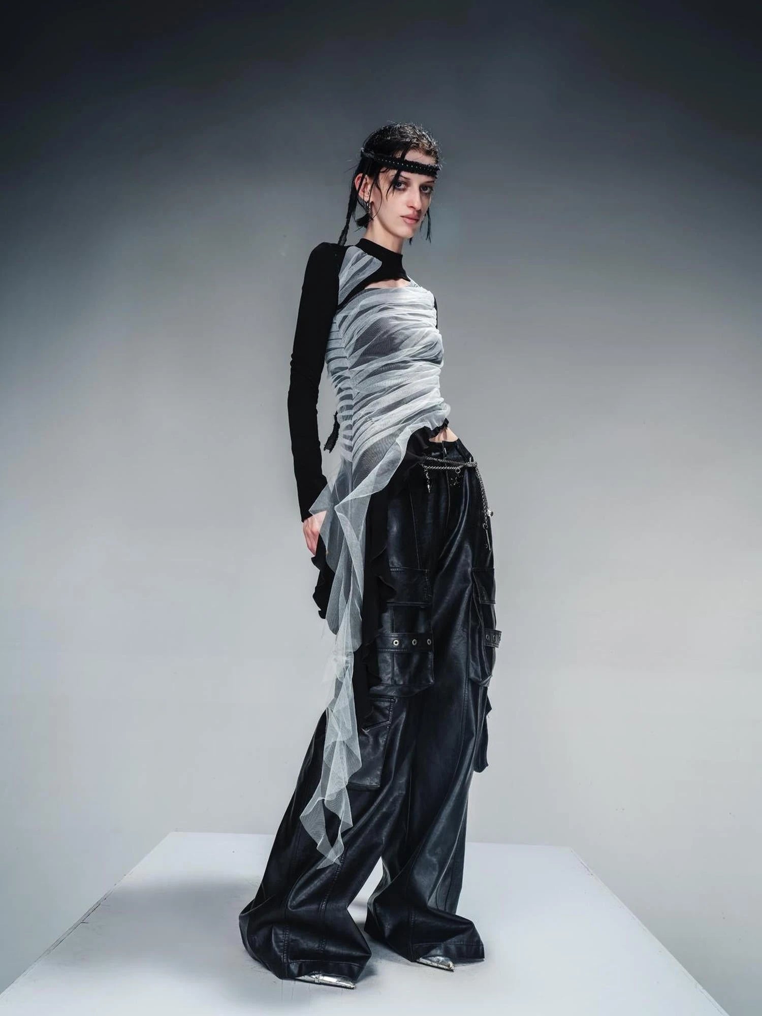 Layered Sheer Mesh Top With Asymmetric Hem