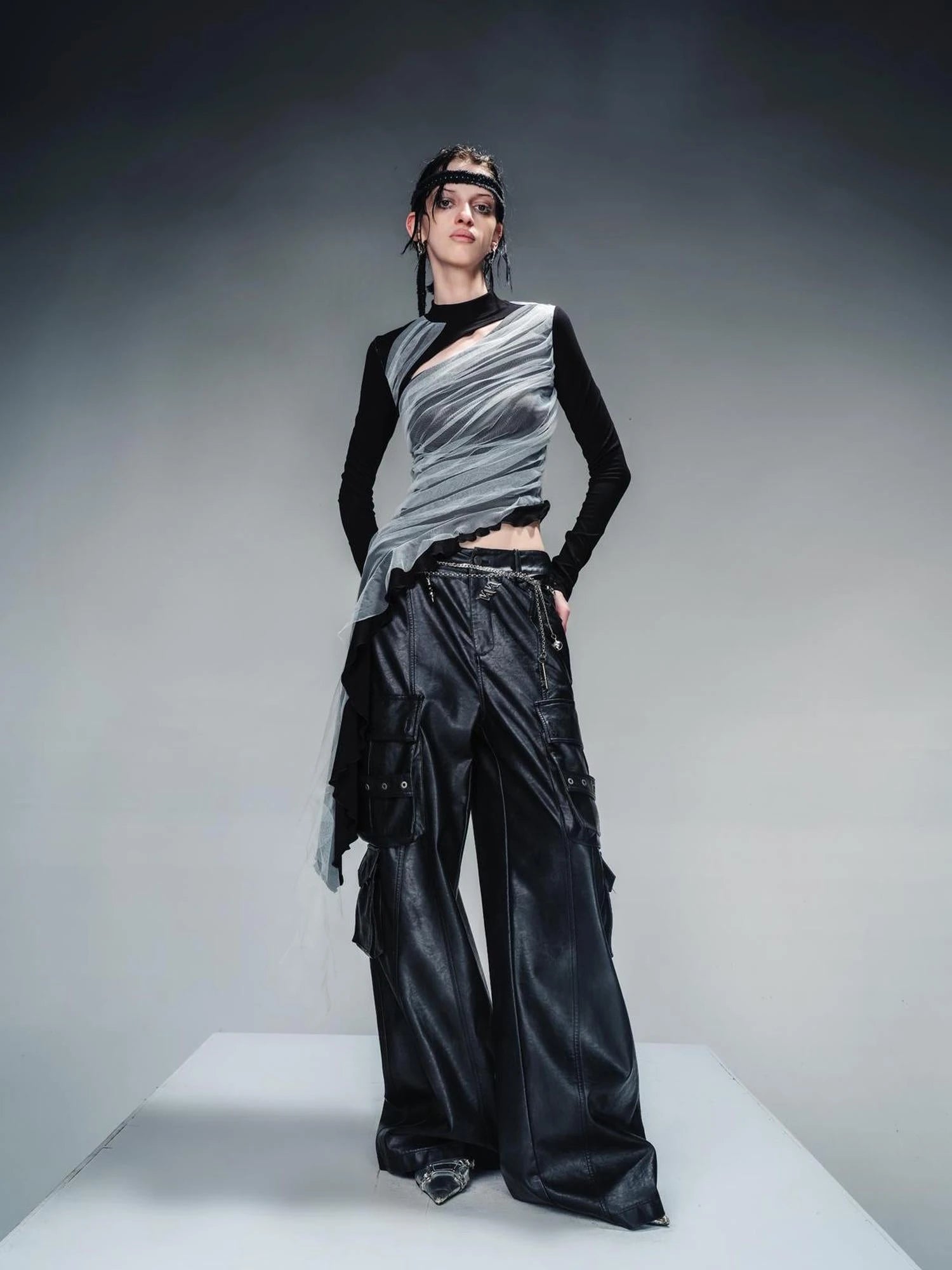 Layered Sheer Mesh Top With Asymmetric Hem