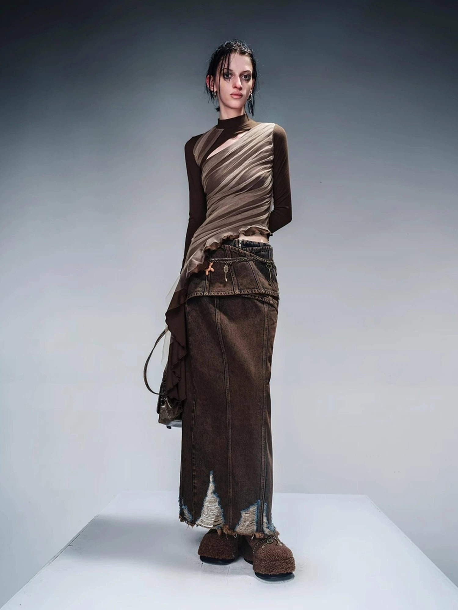 Layered Sheer Mesh Top With Asymmetric Hem