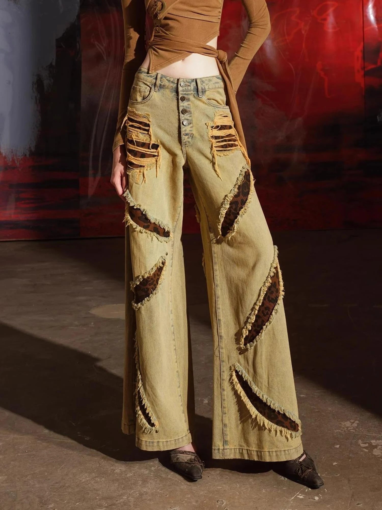 Leopard Print Patchwork Denim Flares
