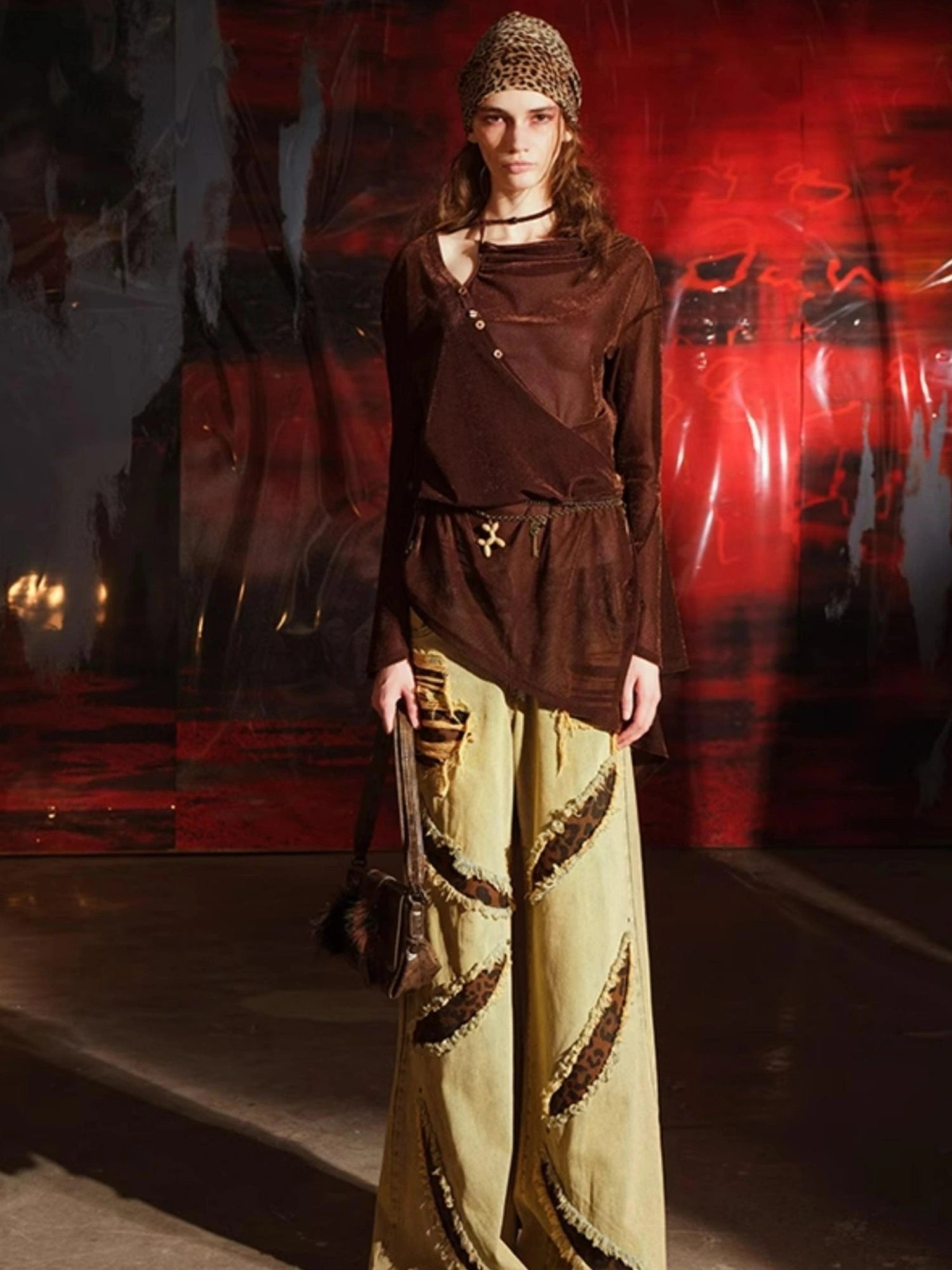 Leopard Print Patchwork Denim Flares