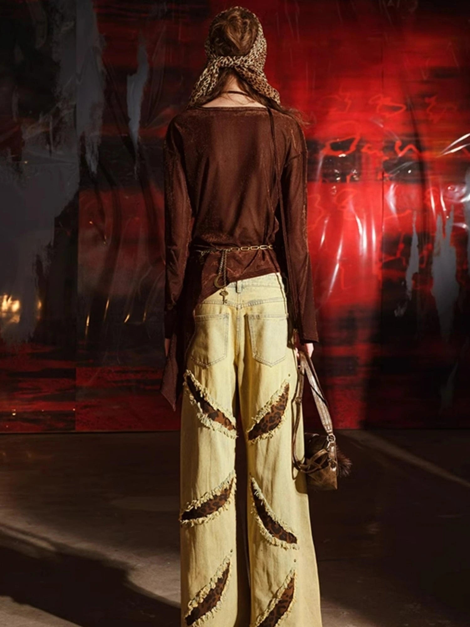 Leopard Print Patchwork Denim Flares