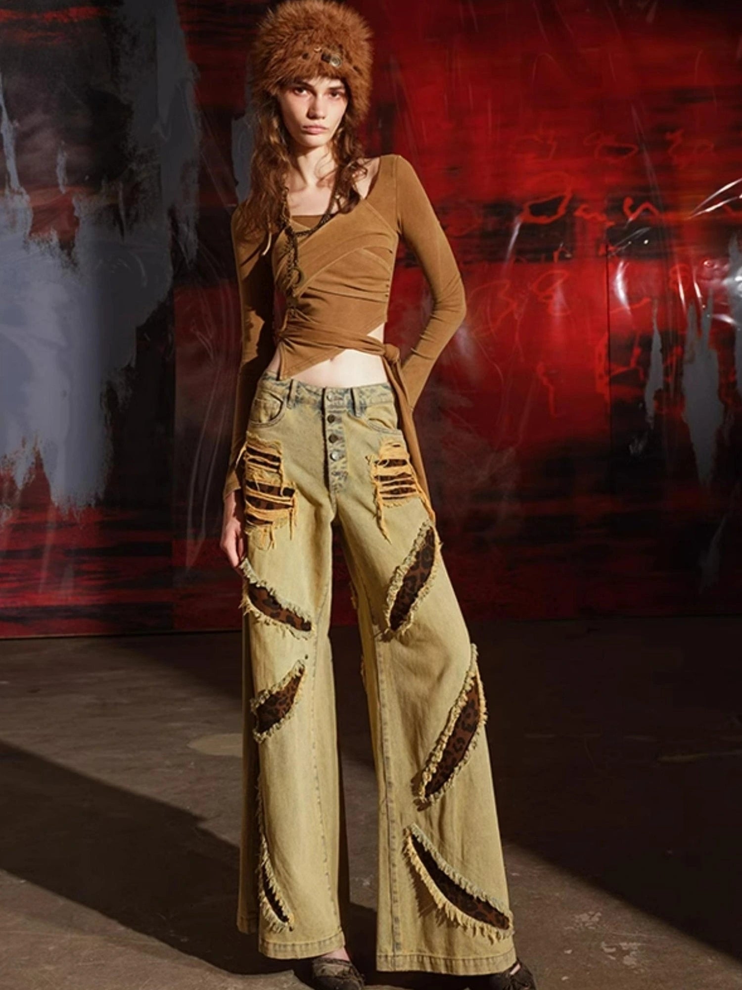 Leopard Print Patchwork Denim Flares